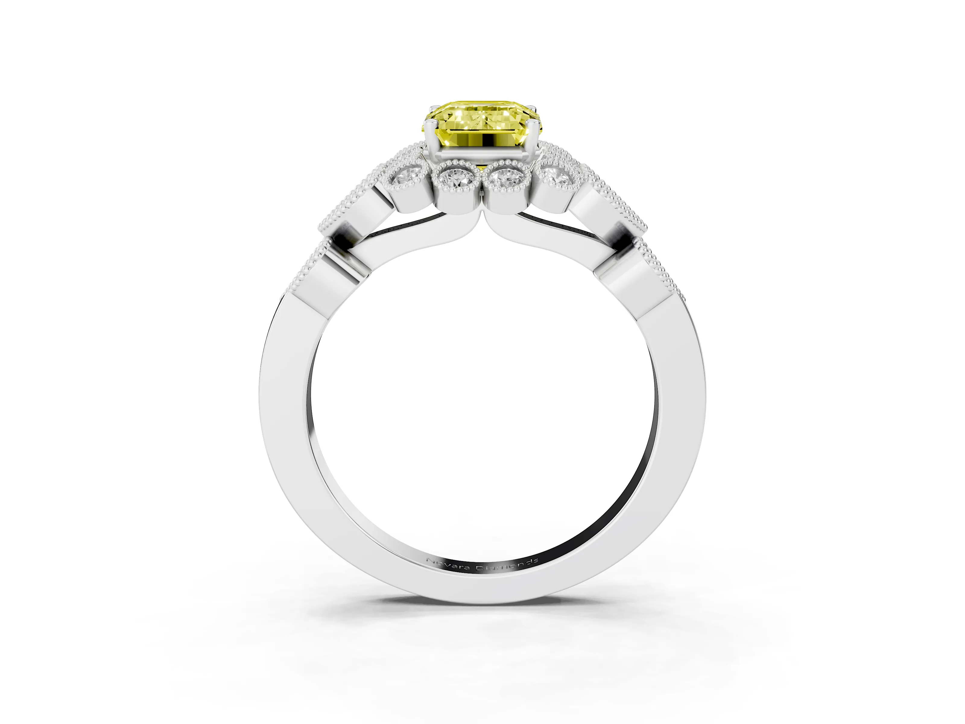 Fancy Yellow Emerald Cut Diamond Solitaire Ring Set in White gold with Milgrain Pavé Heart Band
