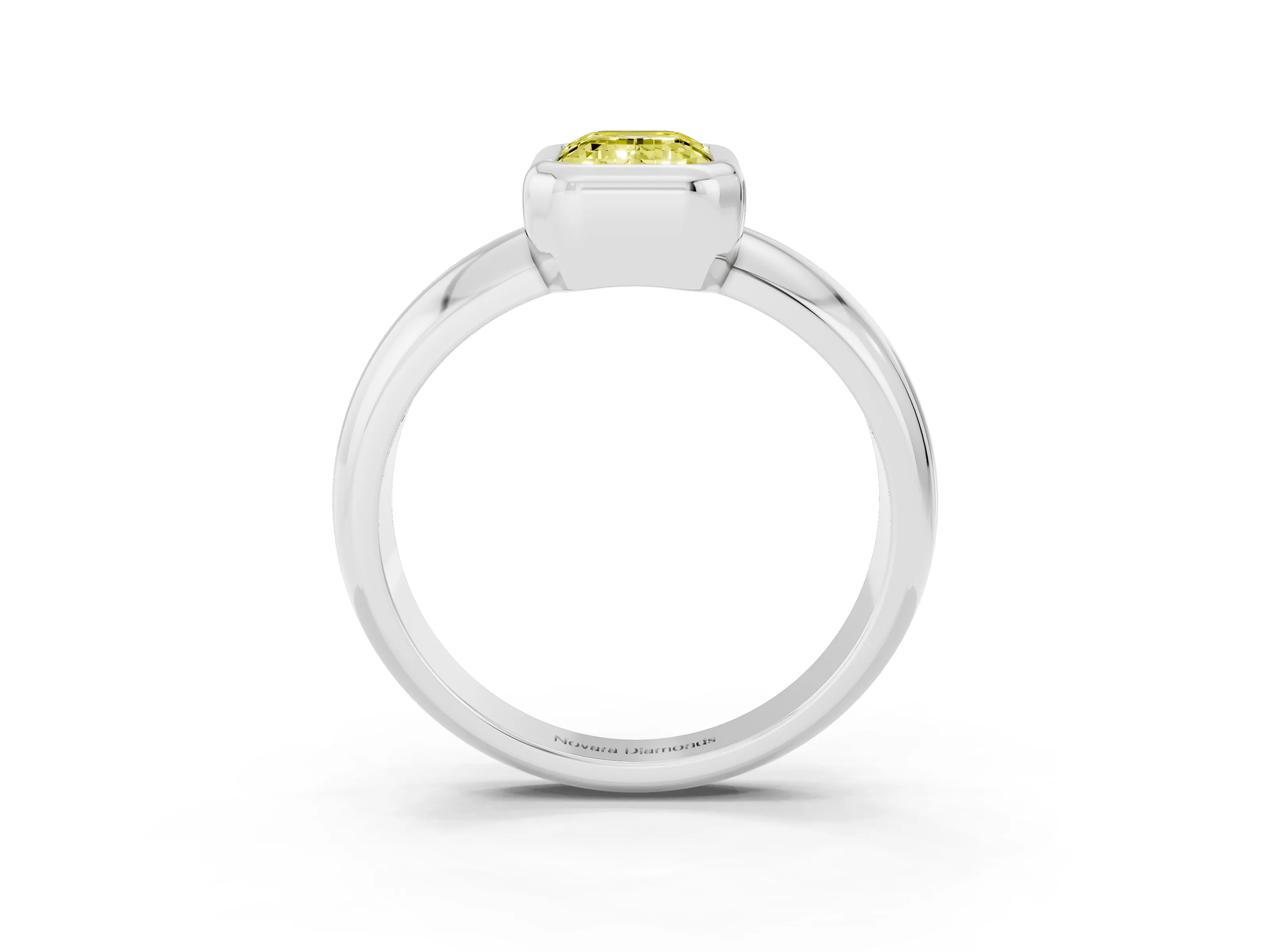 Fancy Yellow Bezel Set Emerald Cut Diamond Solitaire Ring Set in Silver with Wide Band