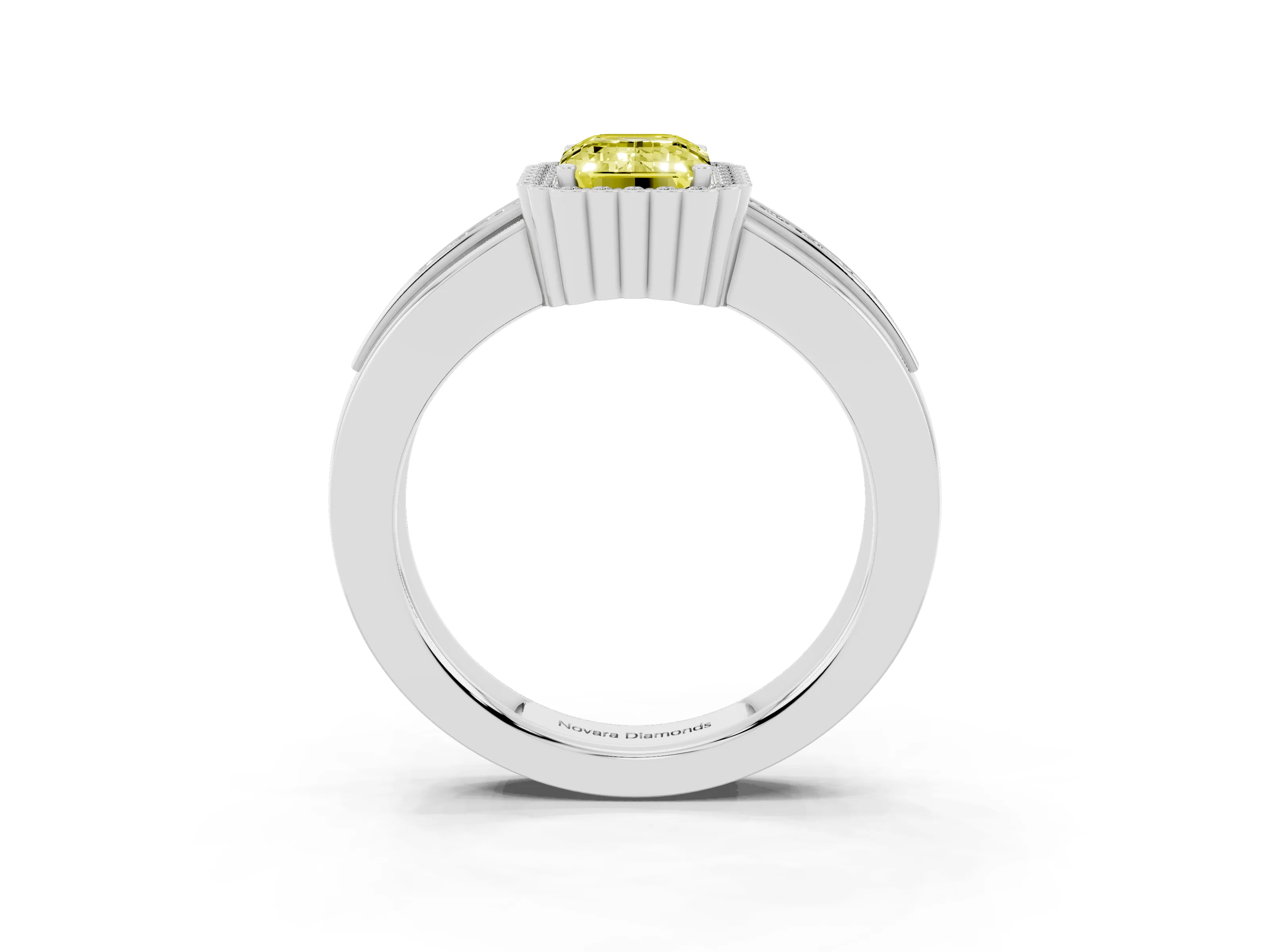 Fancy Yellow Emerald Cut Diamond Halo Prong Ring Set in Silver with Pavé Band