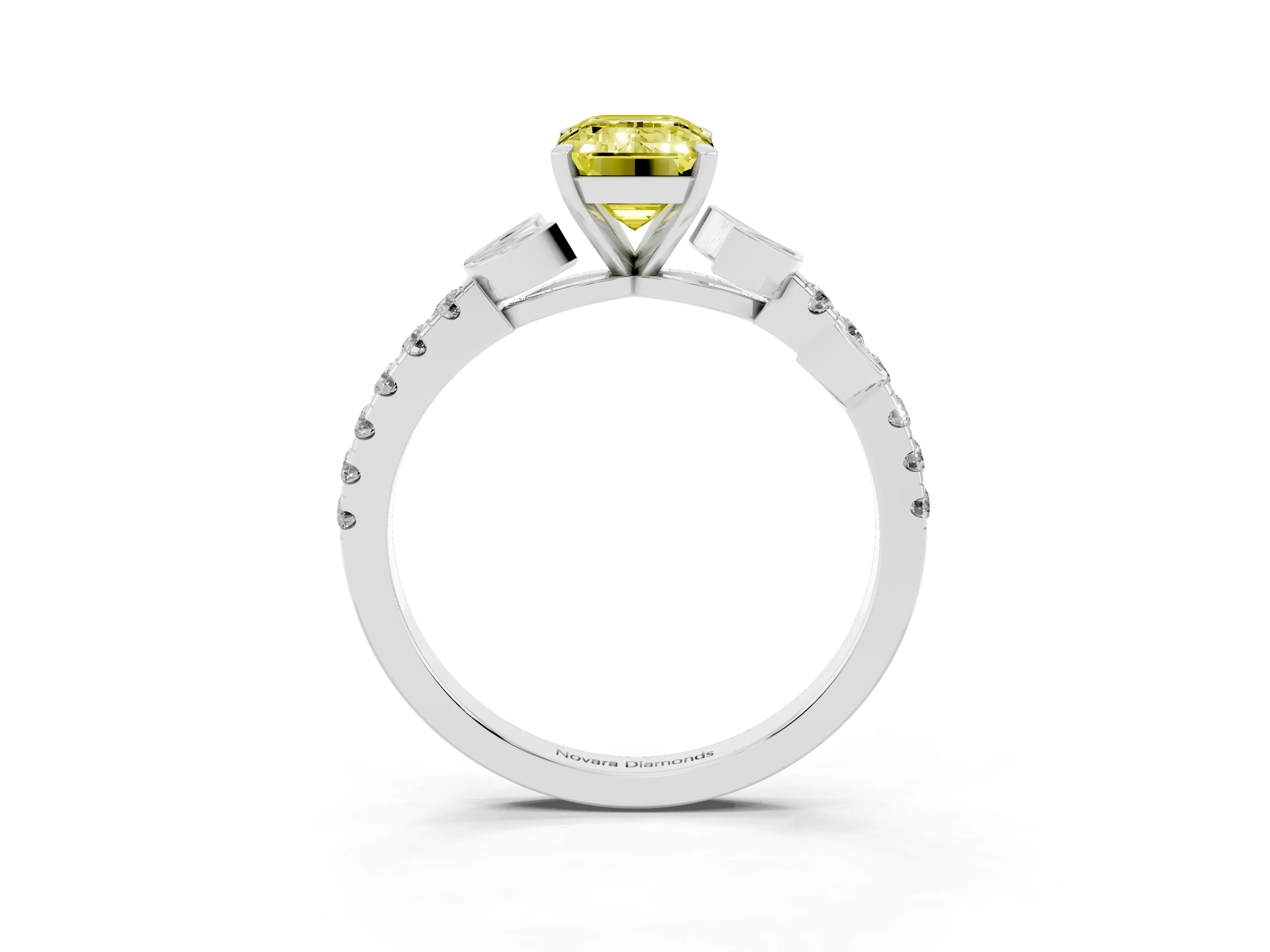 Fancy Yellow Emerald Cut Diamond Solitaire Leaf-Inspired Ring Set in Silver with Pavé Band and Prong Setting