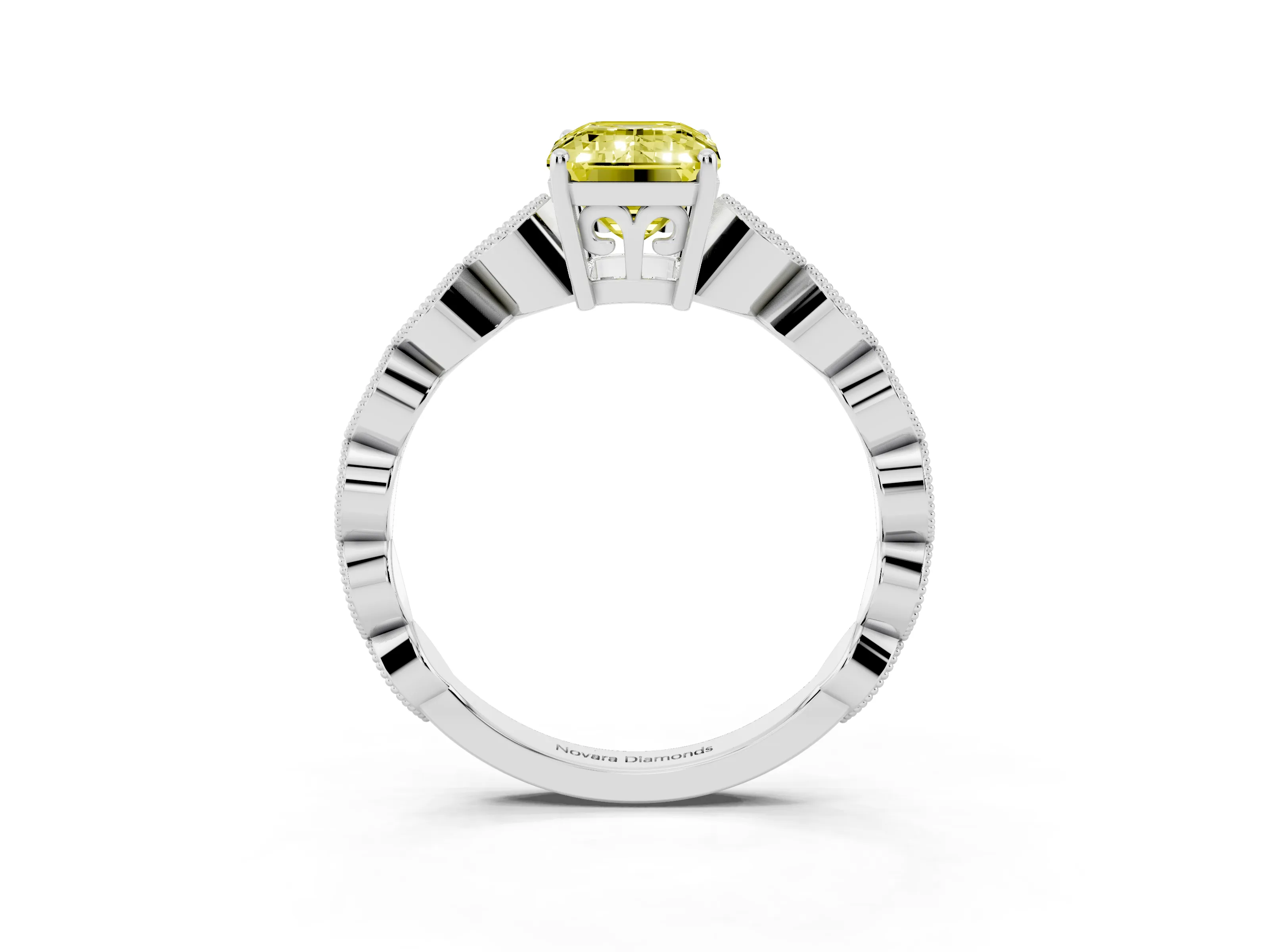 Fancy Yellow Emerald Cut Diamond Solitaire Ring Set in Silver with Infinity Twist Pavé Band