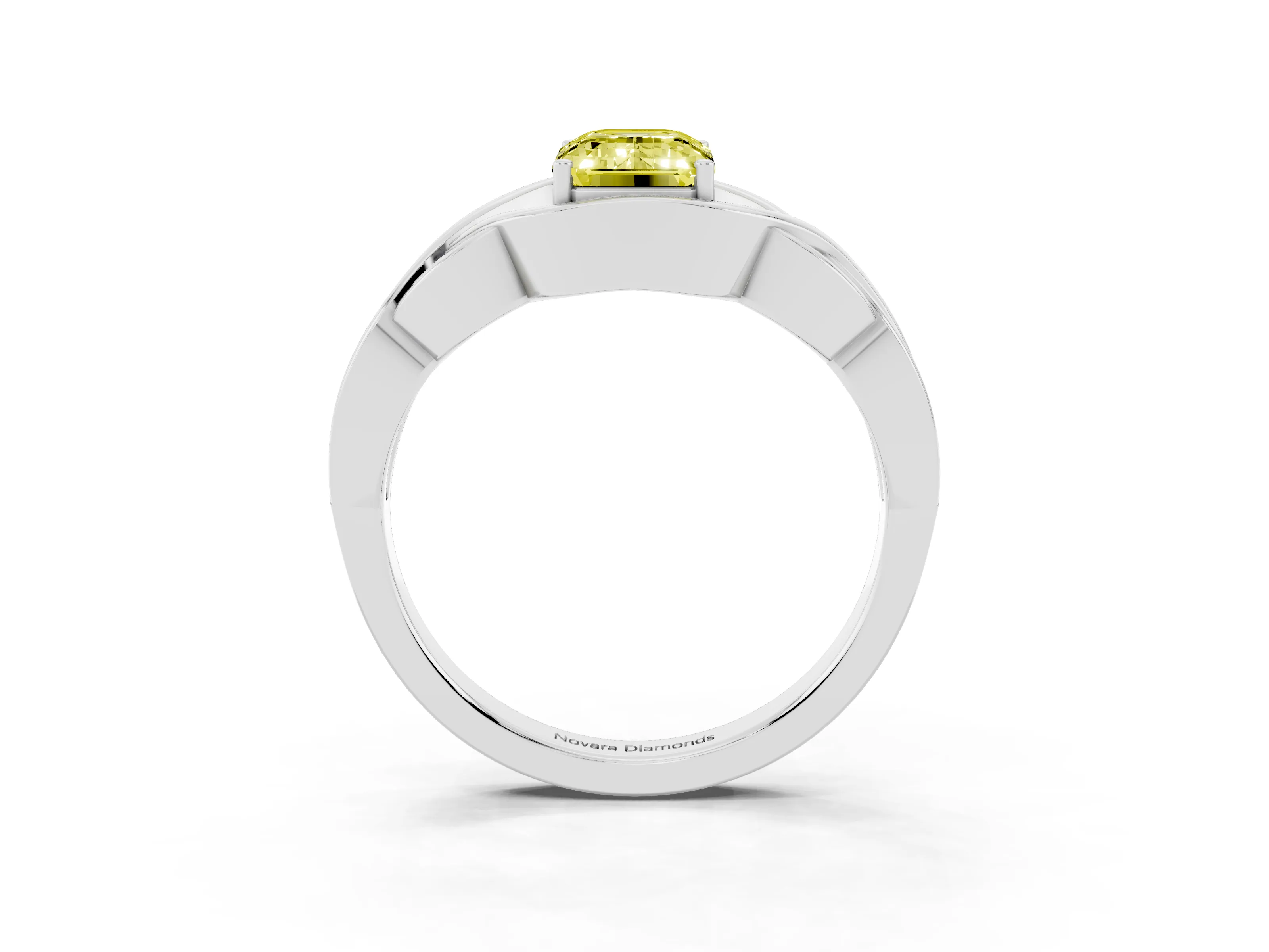 Fancy Yellow Emerald Cut Diamond Solitaire Ring Set in Platinum with Intertwined Band