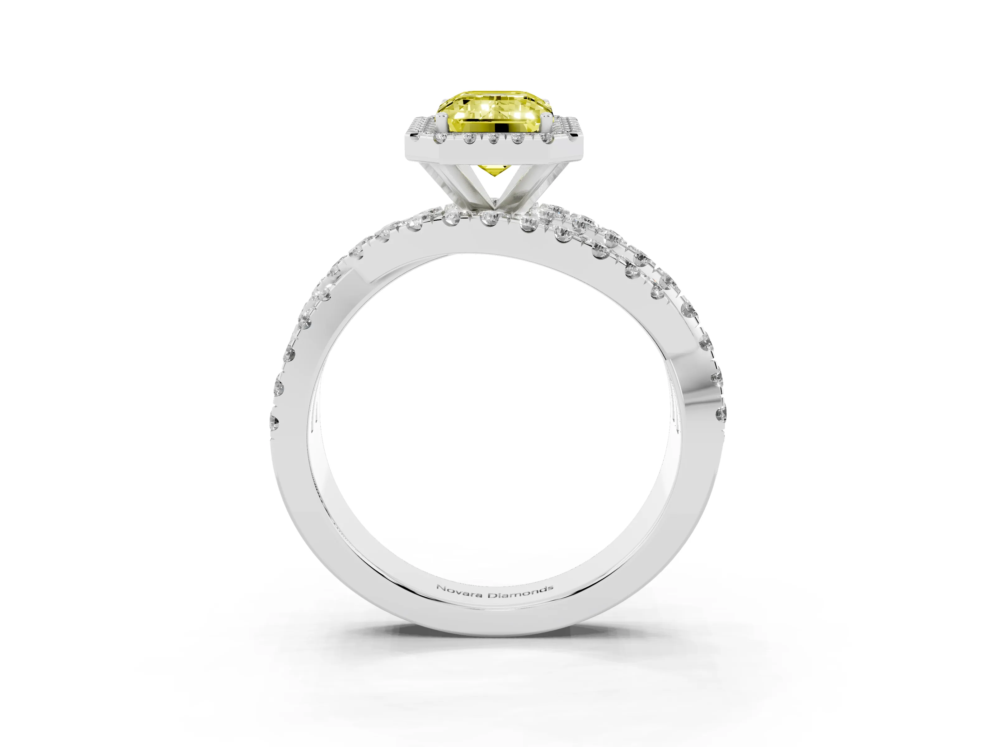 Fancy Yellow Emerald Cut Diamond Halo Ring Set in Platinum with Round Crossover Split Shank and Prong Setting