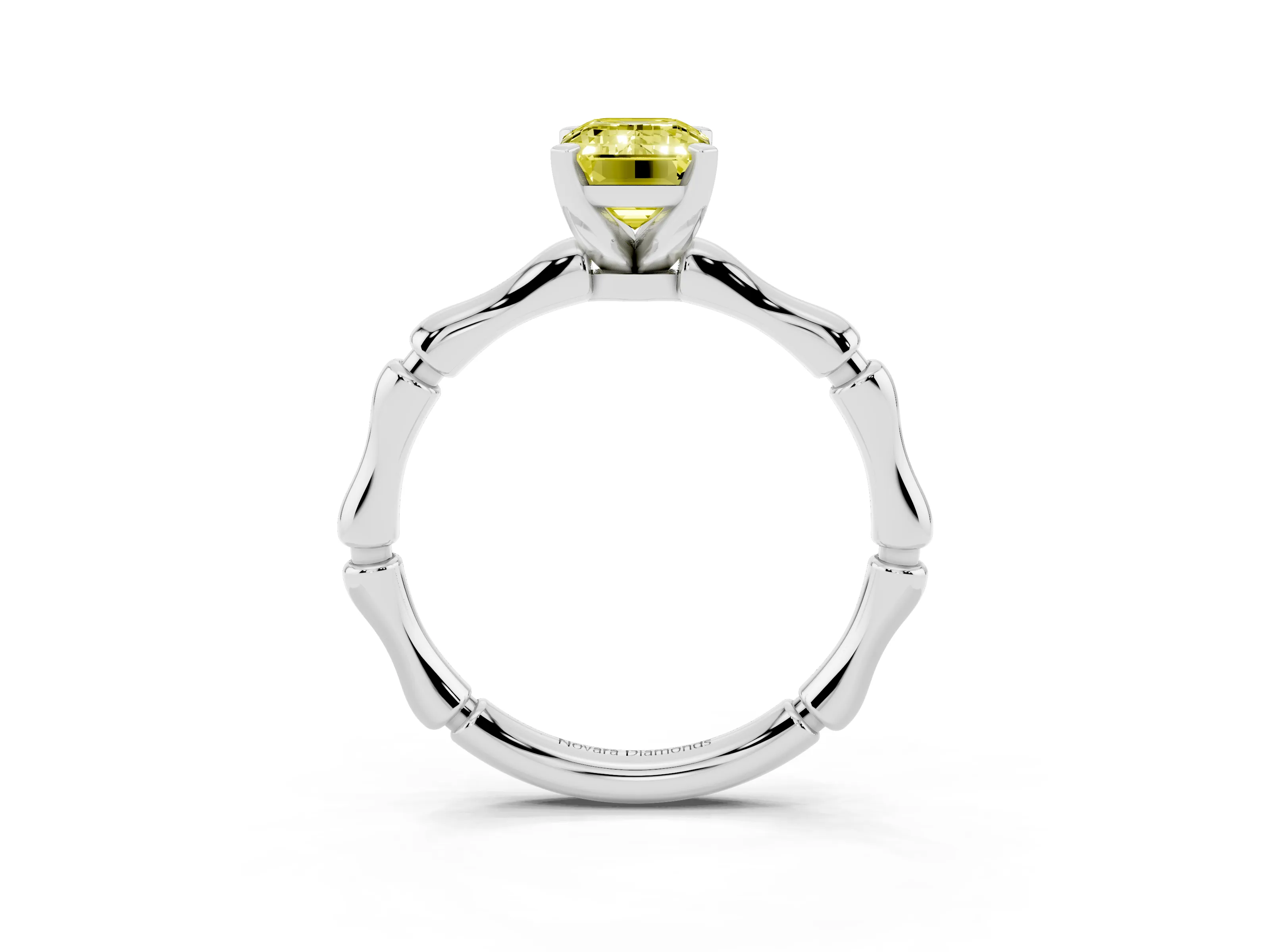 Fancy Yellow Emerald Cut Diamond Solitaire Ring Set in Platinum with Bamboo Band and Prong Setting