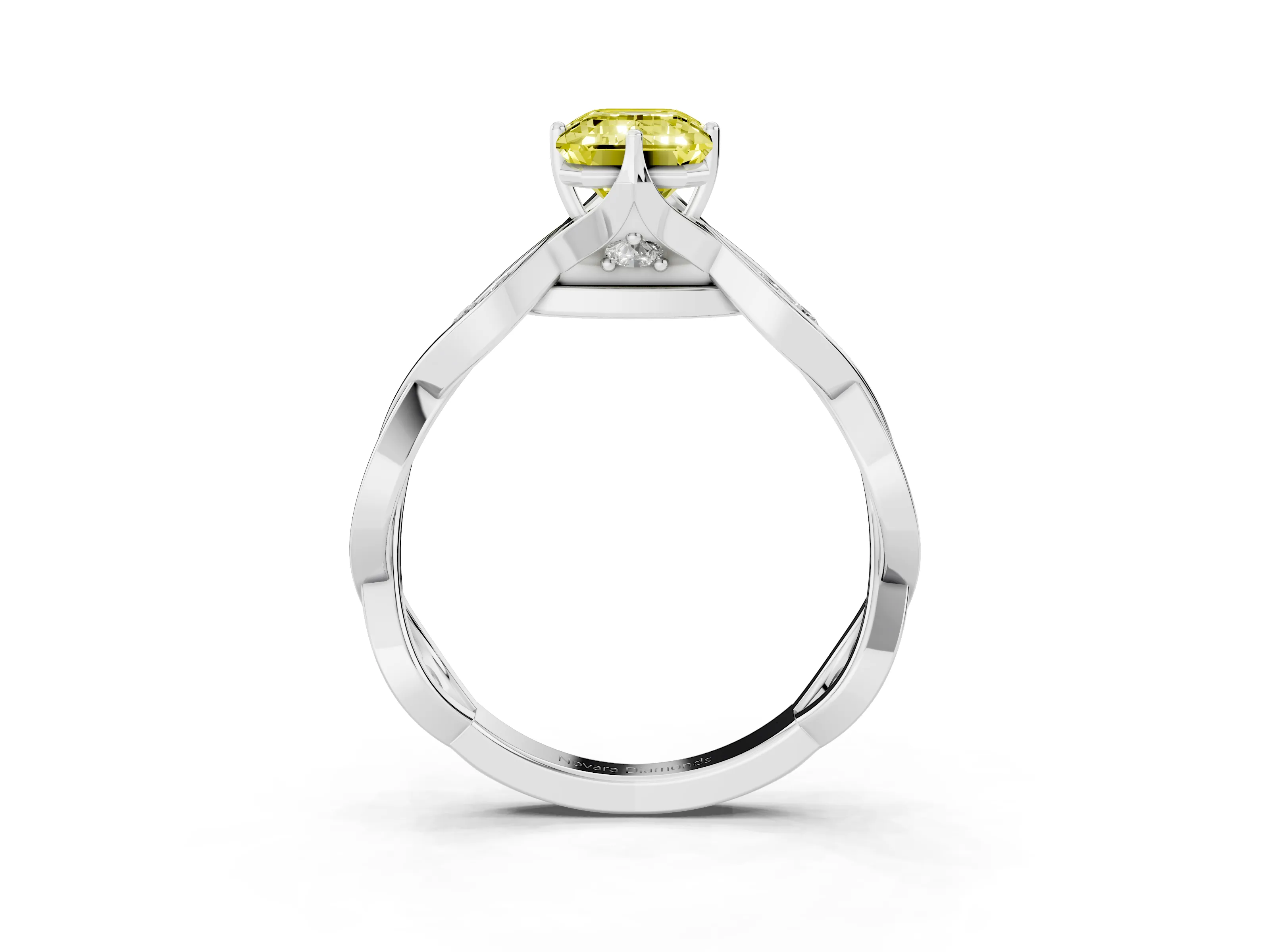 Fancy Yellow Emerald Cut Diamond Twist Band Solitaire Ring Set in Platinum with Leaf Prong Setting and Accent Stones