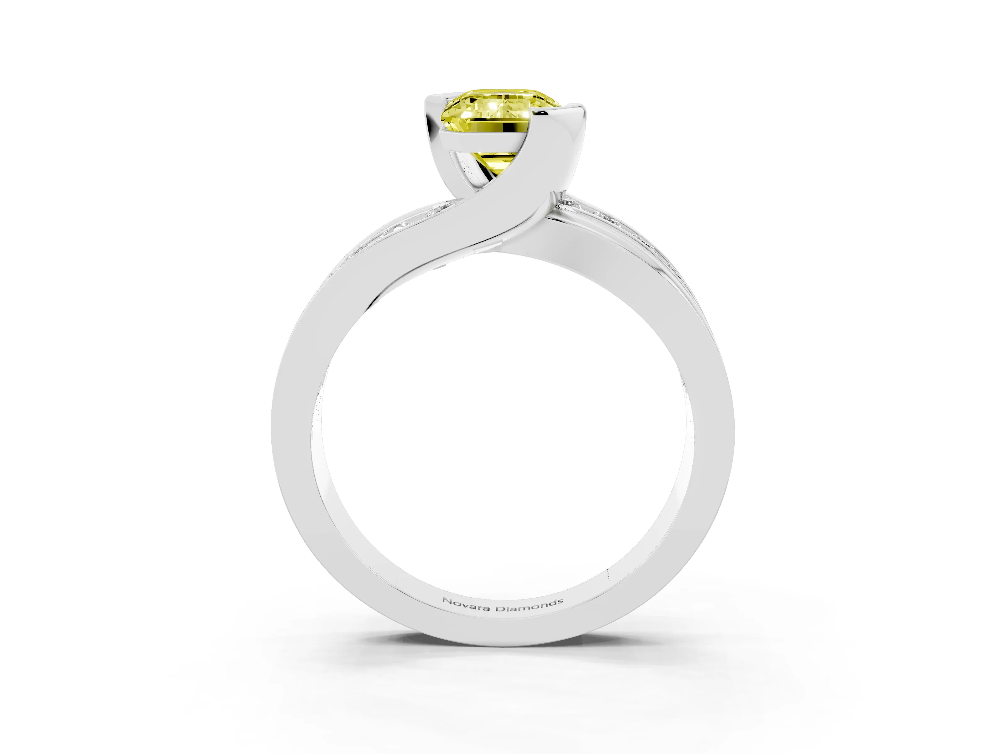 Fancy Yellow Emerald Cut Diamond Solitaire Ring Set in Silver with Channel Set Split Shank and Tension Prongs