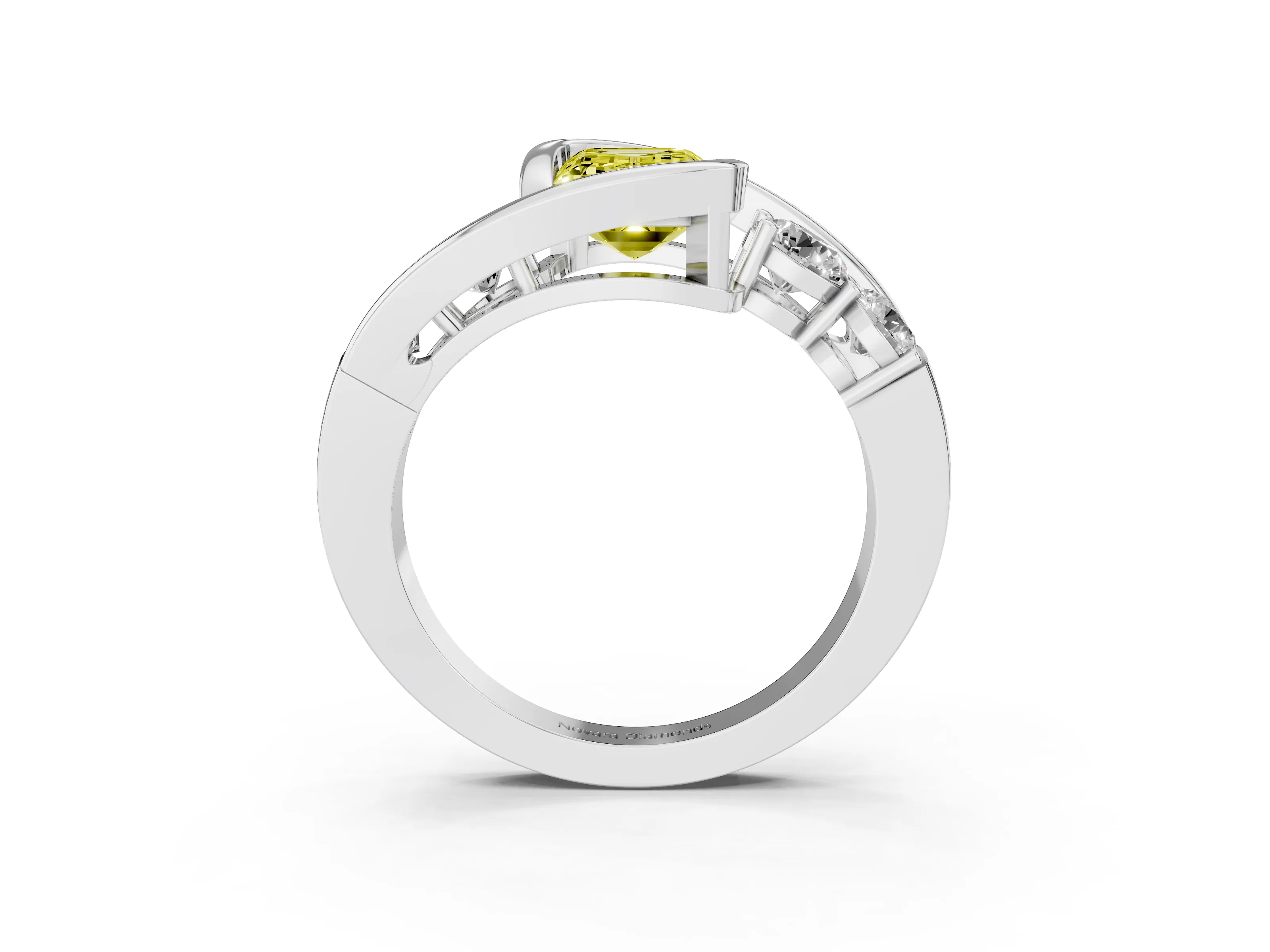 Fancy Yellow Emerald Cut Diamond Bezel Bypass Ring Set in Silver with Round Accents