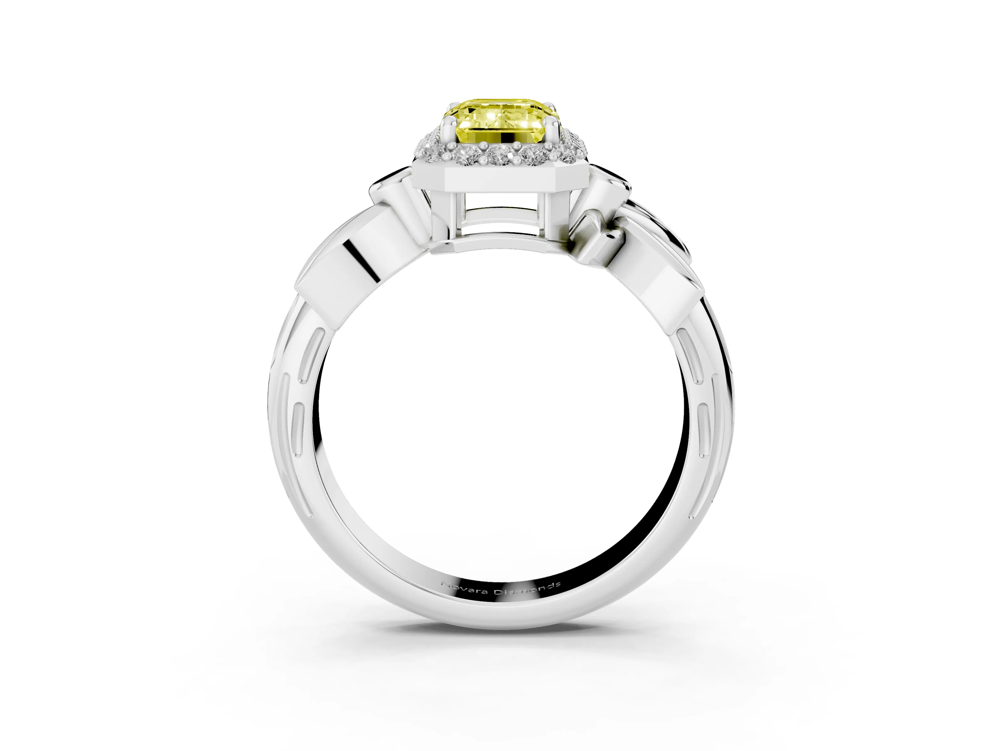 Fancy Yellow Emerald Cut Diamond Halo Floral Band Ring Set in Platinum with Prong Setting