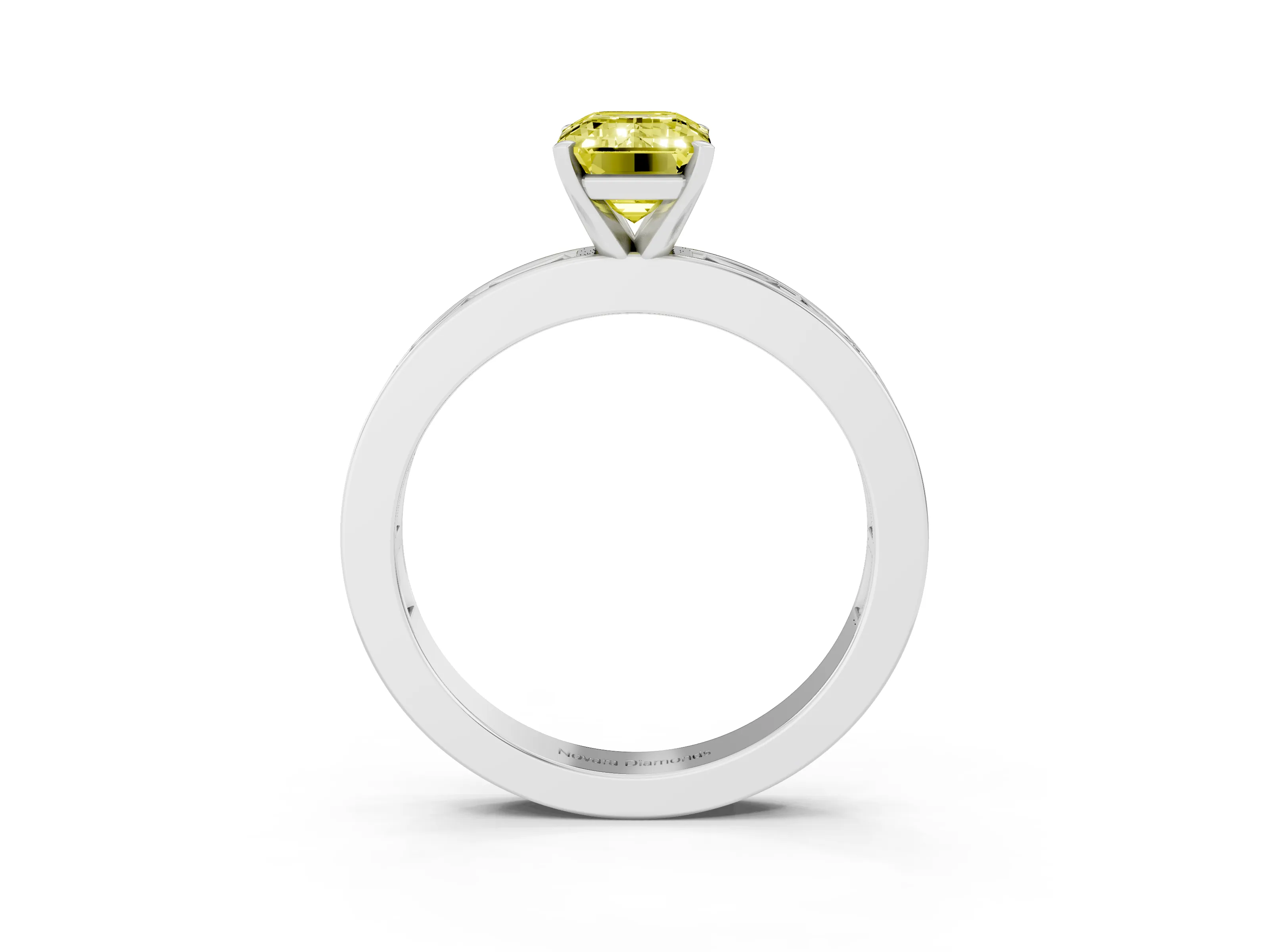 Fancy Yellow Emerald Cut Diamond Solitaire Ring Set in White gold with Channel-Set Baguette Band and Prong Setting