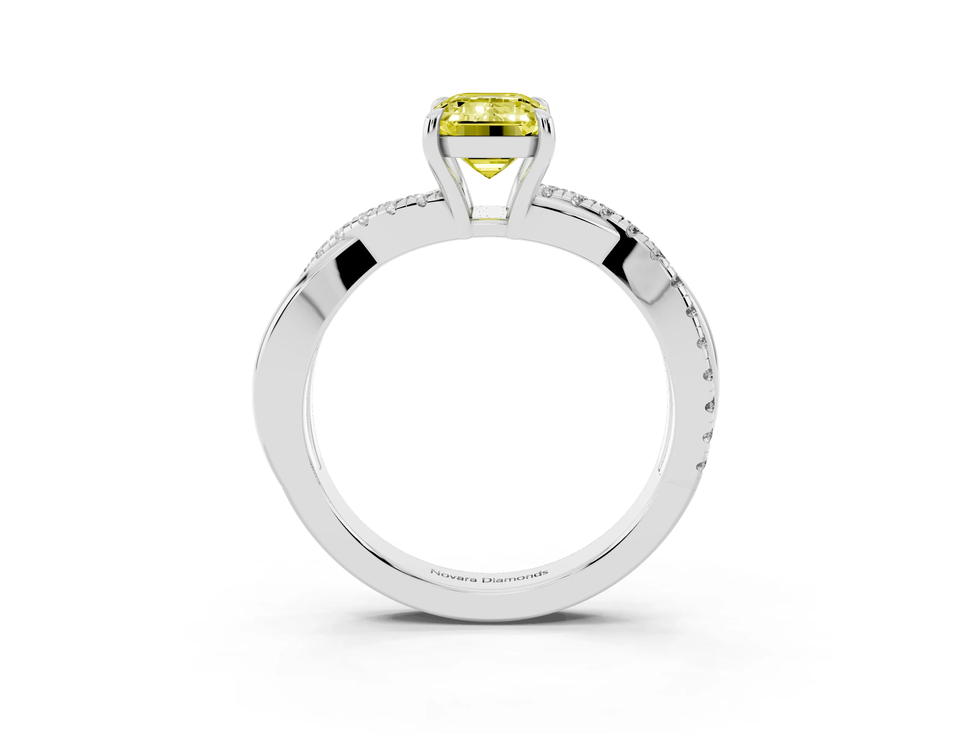 Fancy Yellow Emerald Cut Diamond Twisted Pavé Band Ring Set in Platinum with Prong Setting