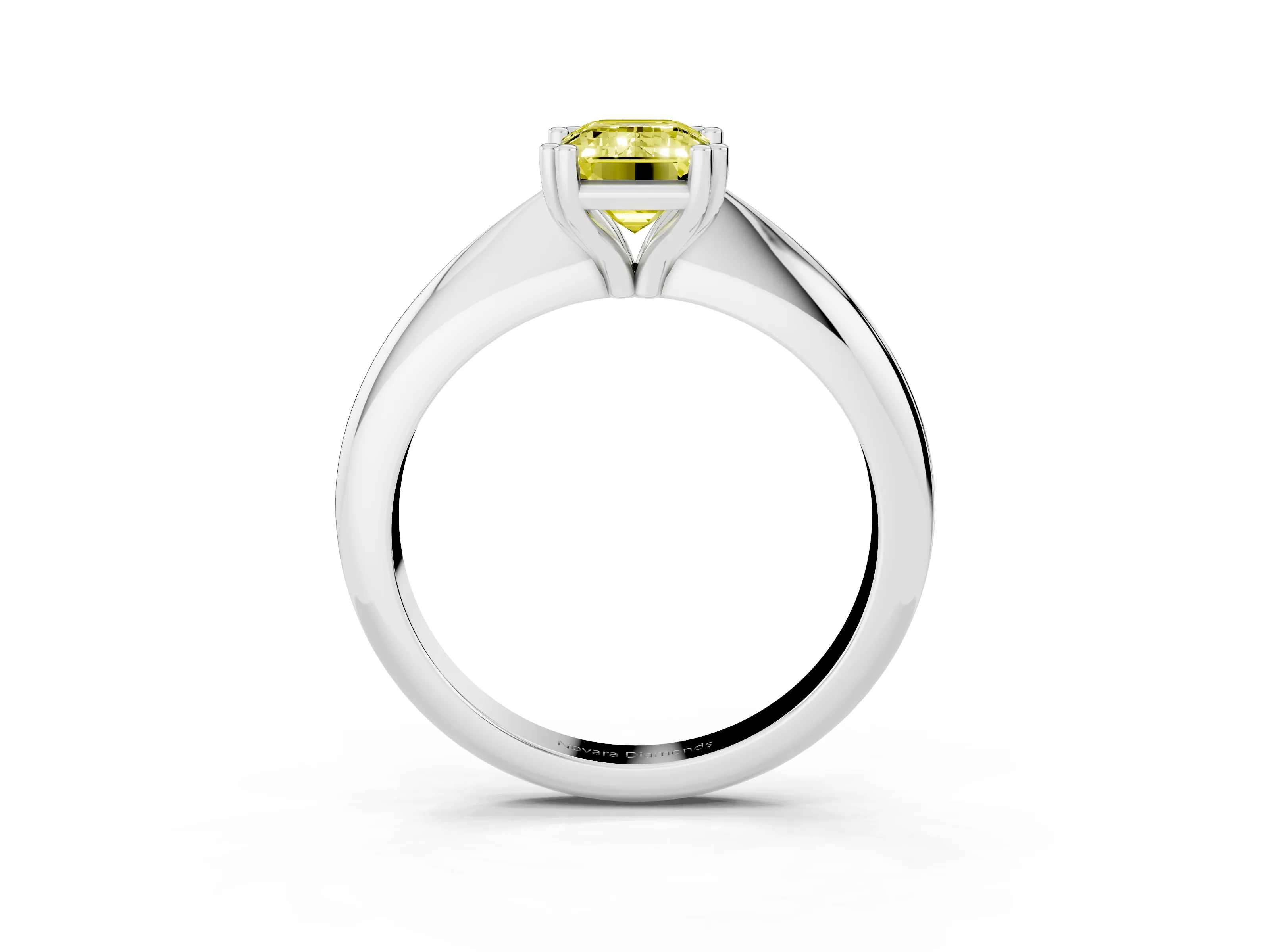 Fancy Yellow Emerald Cut Diamond Solitaire Engagement Ring Set in Platinum with Tapered Band and Prong Setting