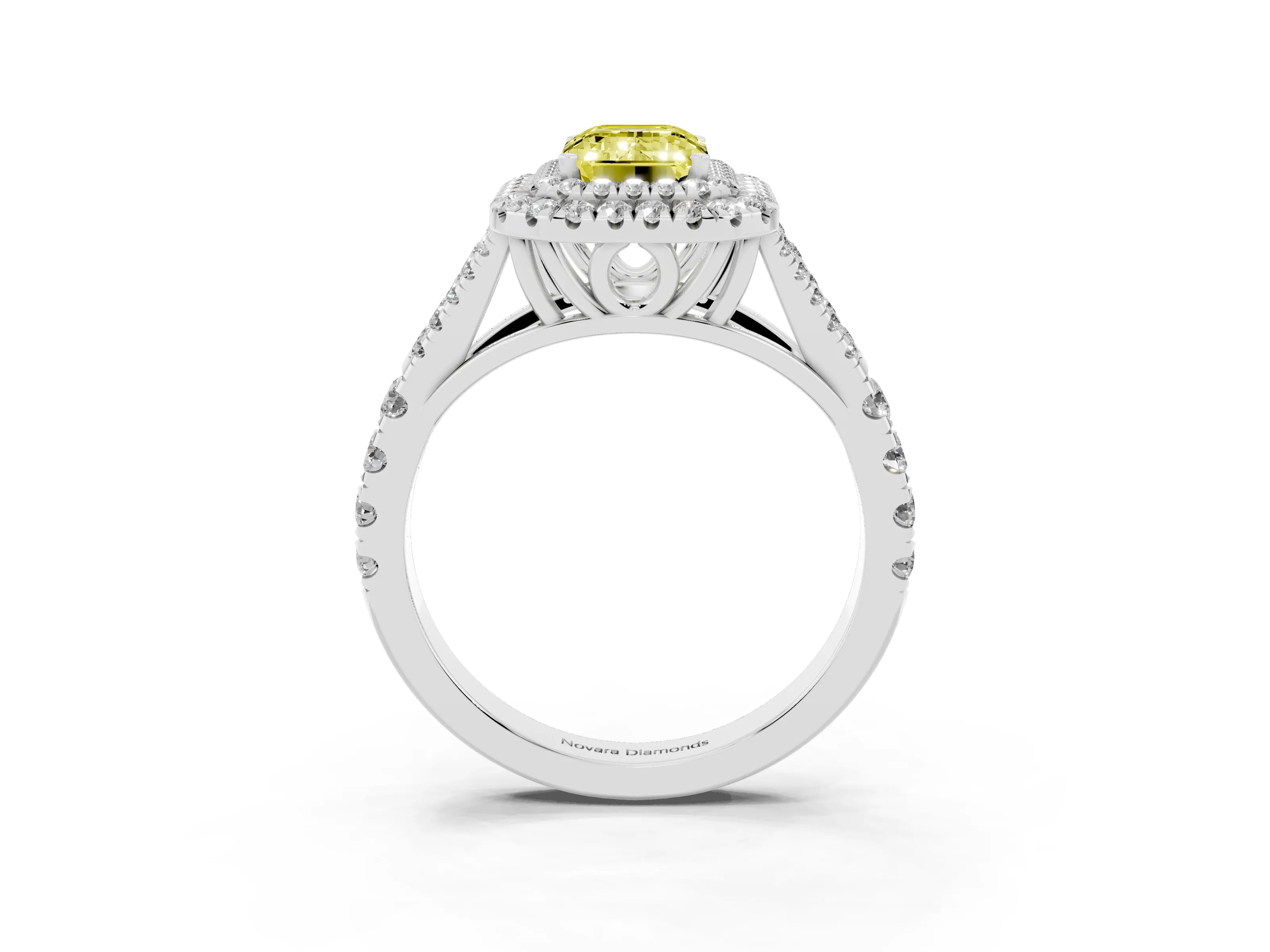 Fancy Yellow Emerald Cut Diamond Pavé Split Shank Double Halo Engagement Ring Set in Silver