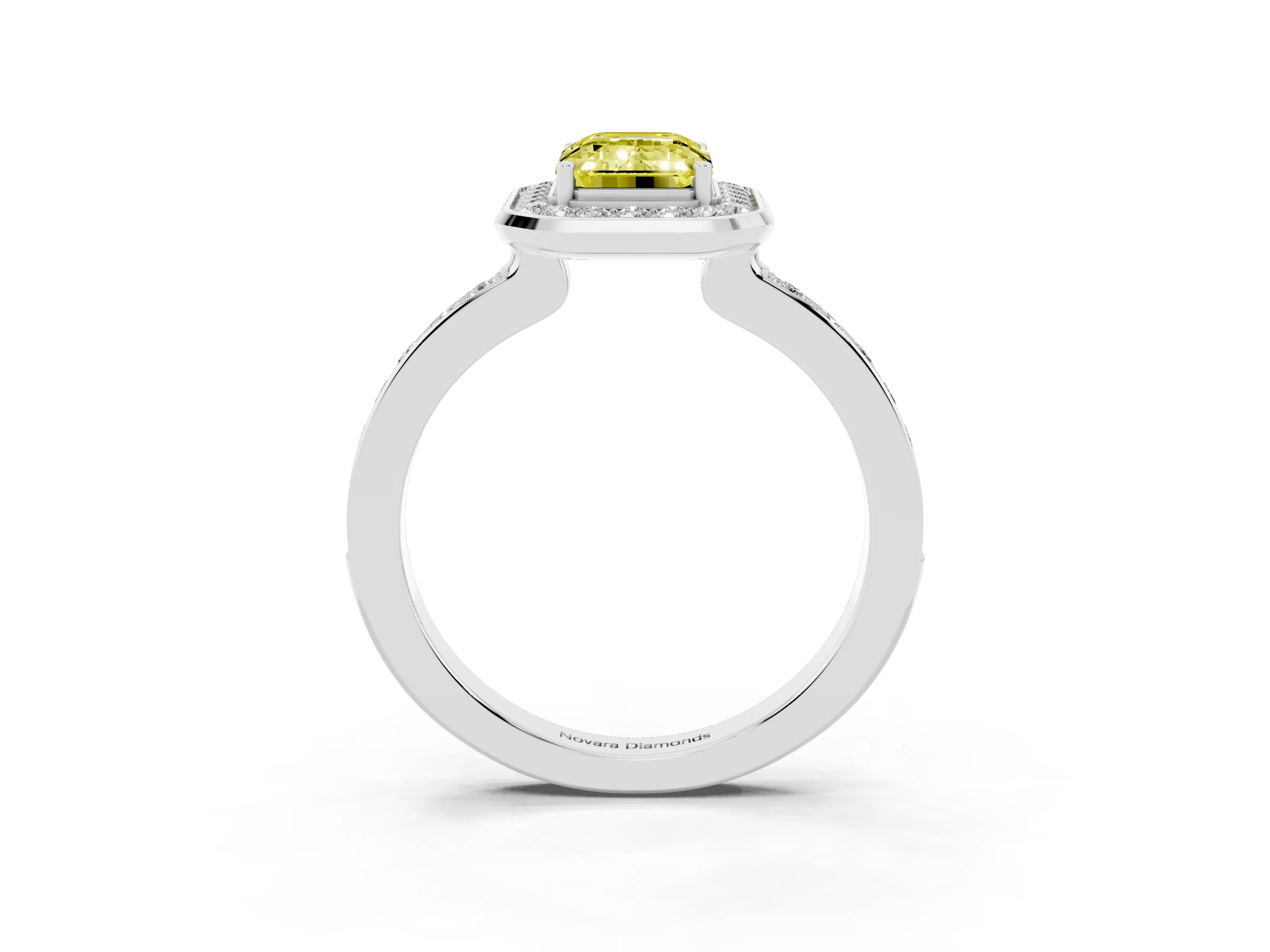 Fancy Yellow Emerald Cut Diamond Halo Ring Set in Silver with Bezel Frame and Pavé Band