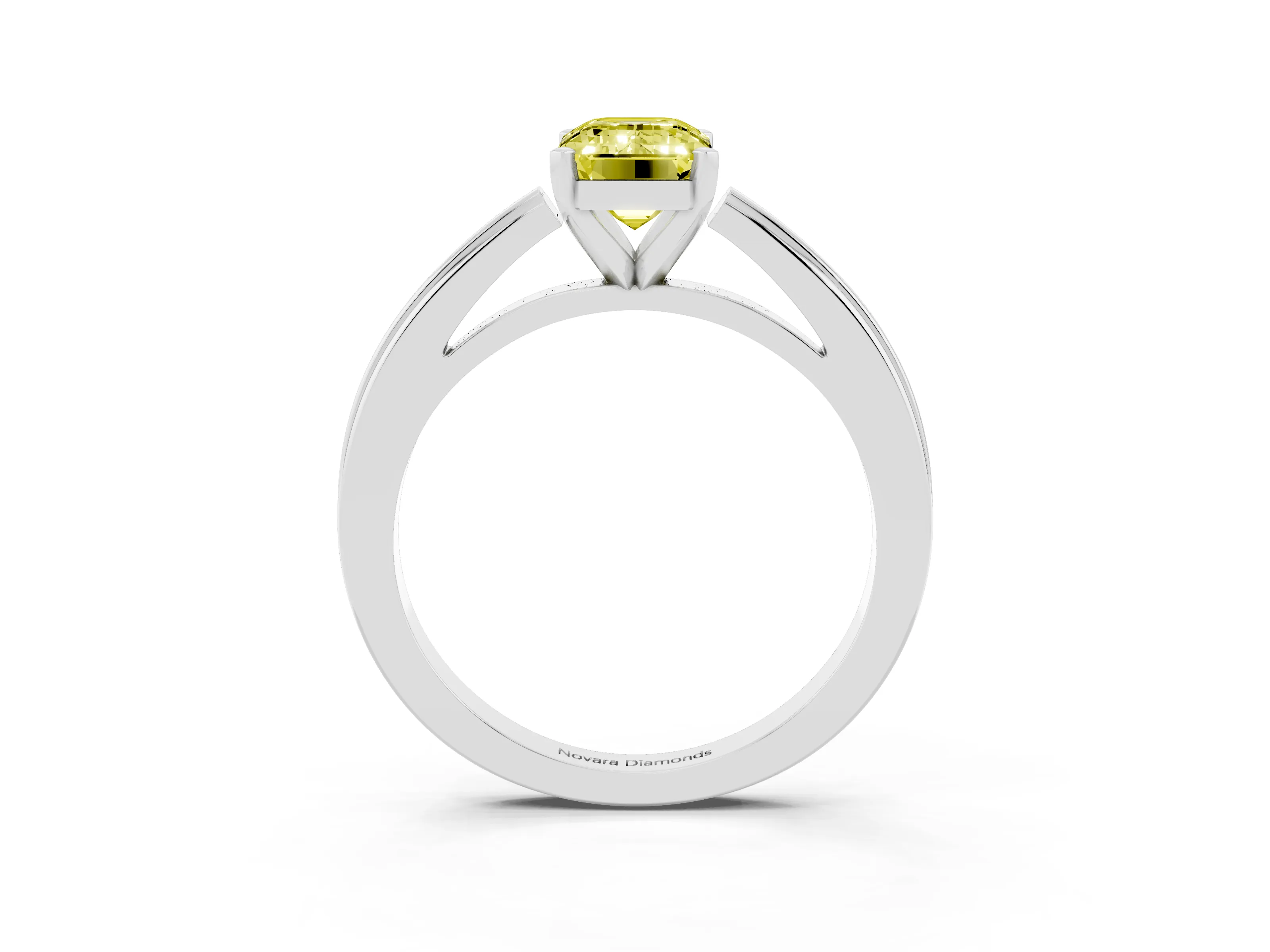 Fancy Yellow Emerald Cut Diamond Solitaire Ring Set in Platinum with Prong Setting and Classic Band