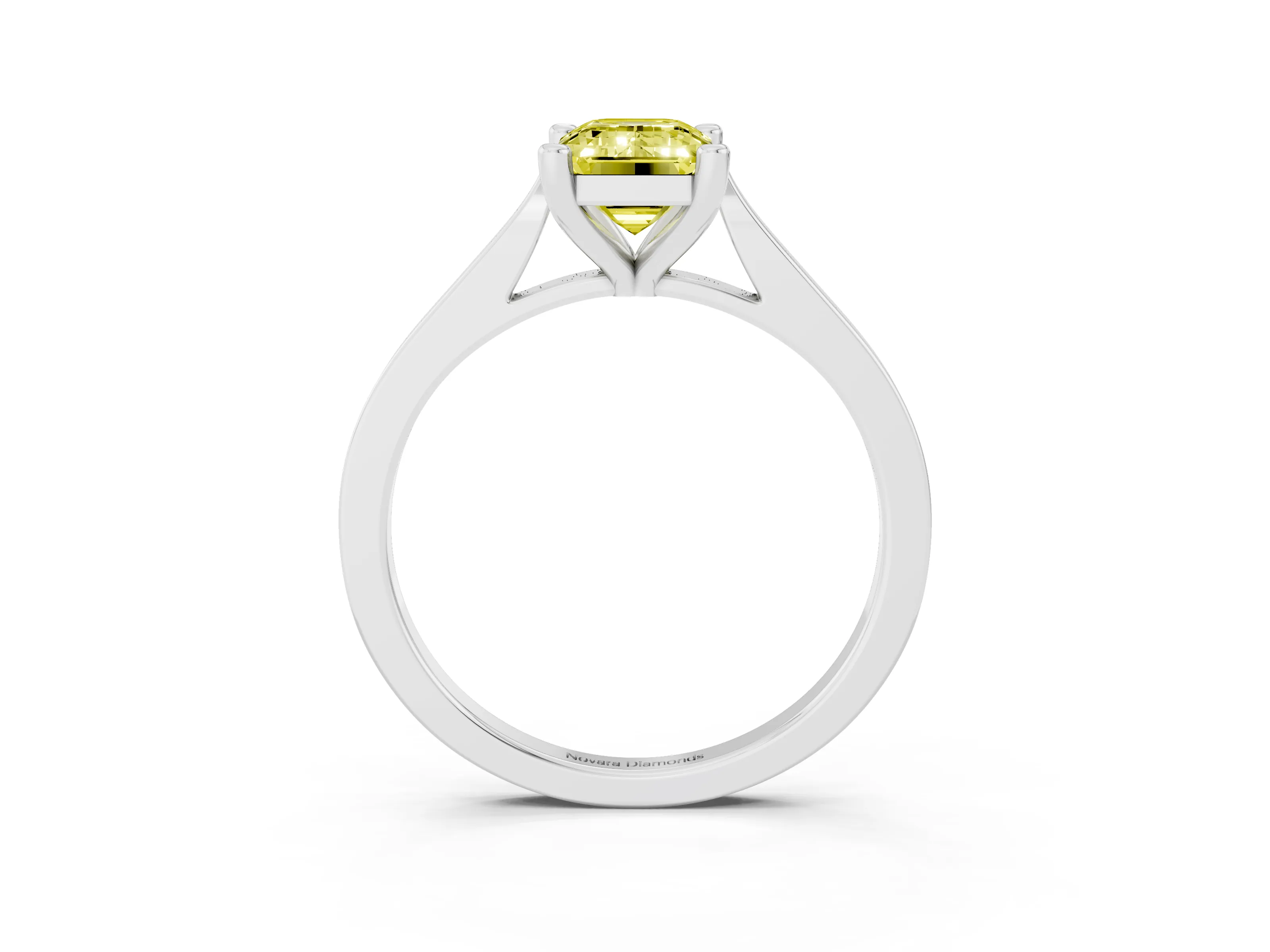 Fancy Yellow Emerald Cut Diamond Solitaire Ring Set in Silver with Prong Setting and Tapered Band