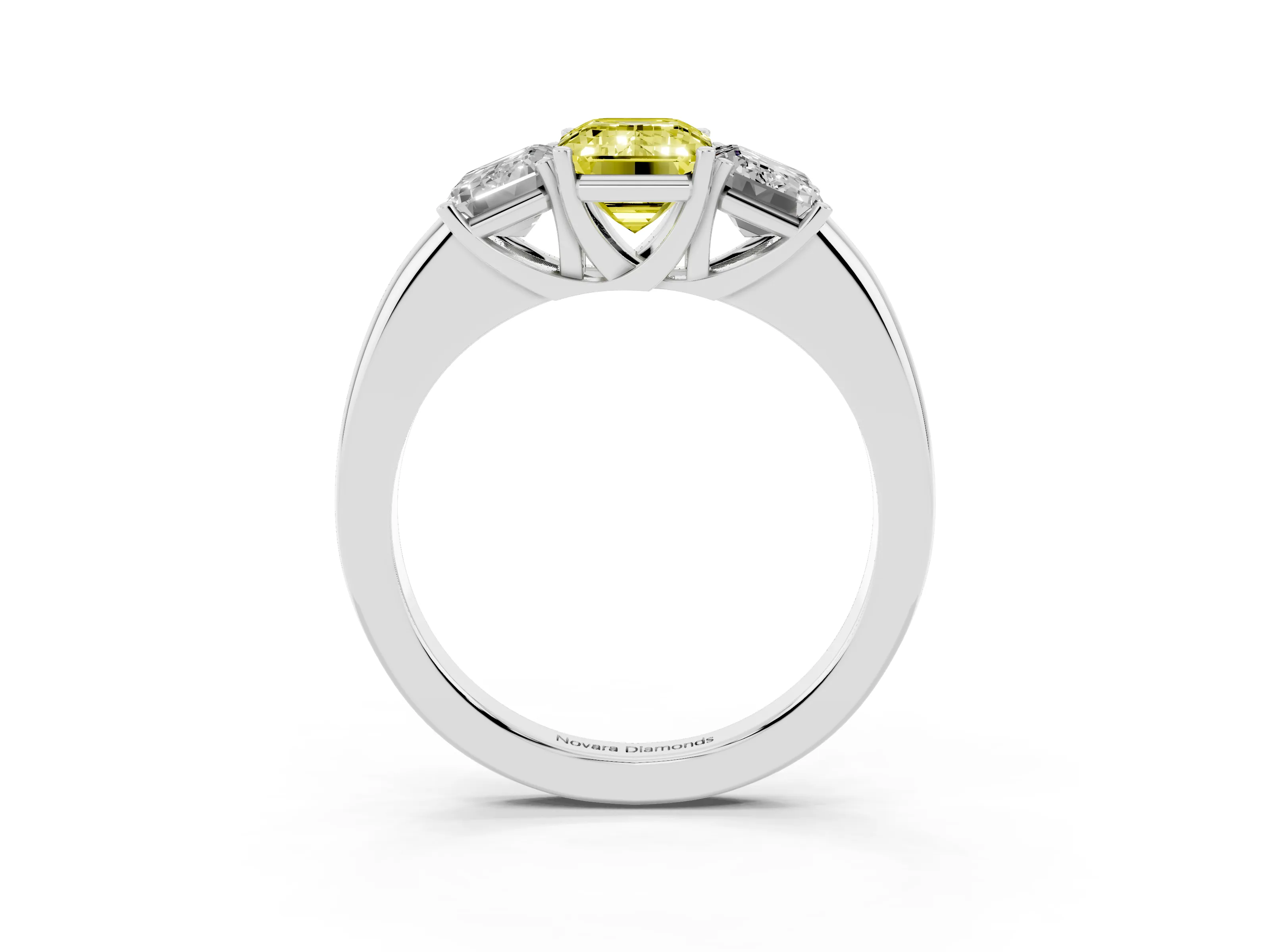Fancy Yellow Emerald Cut Diamond Three-Stone Ring Set in Silver with Bold Center and Classic Band
