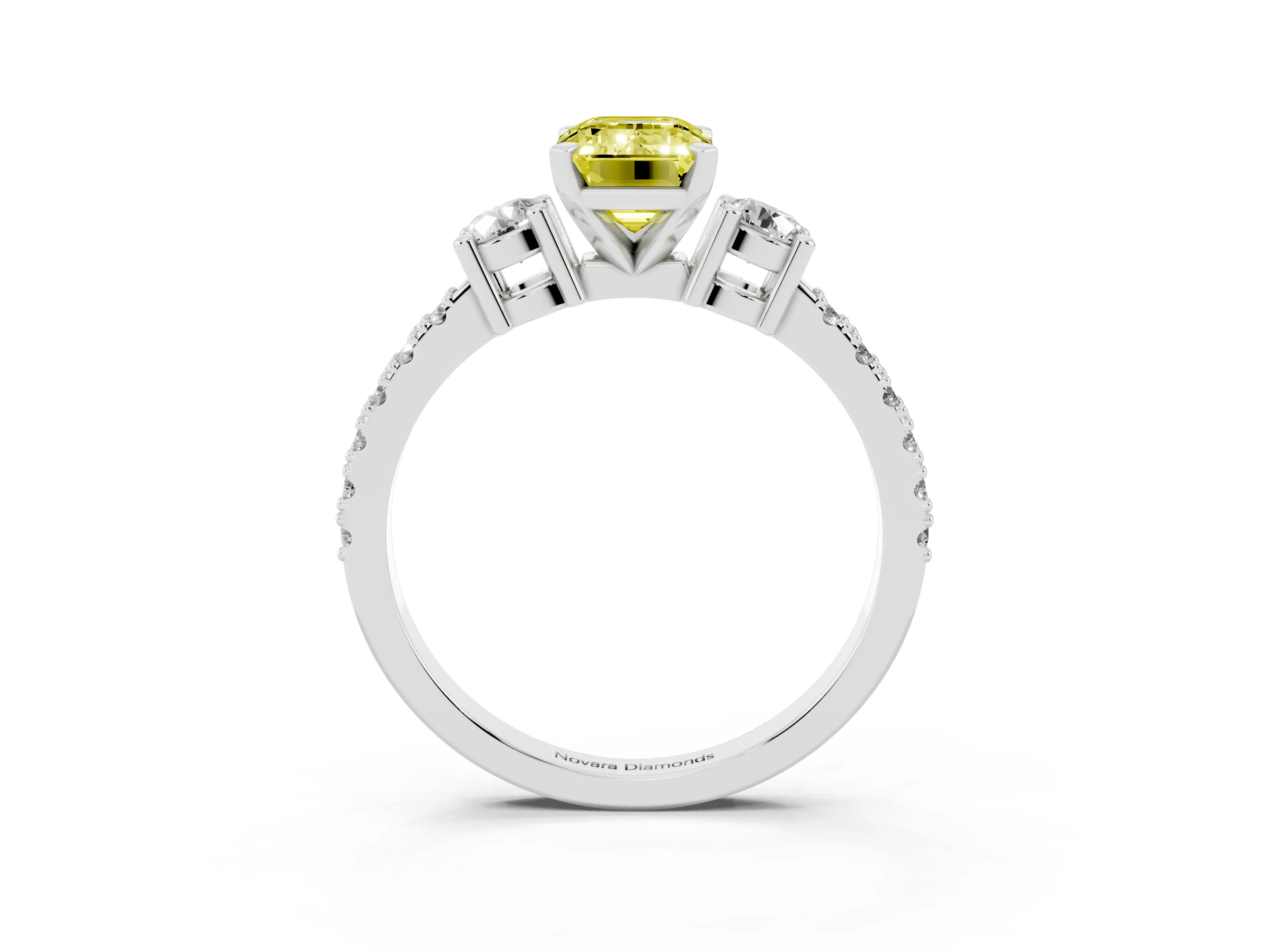 Fancy Yellow Three-Stone Emerald Cut Diamond Pavé Band Ring Set in Platinum with Prong Setting
