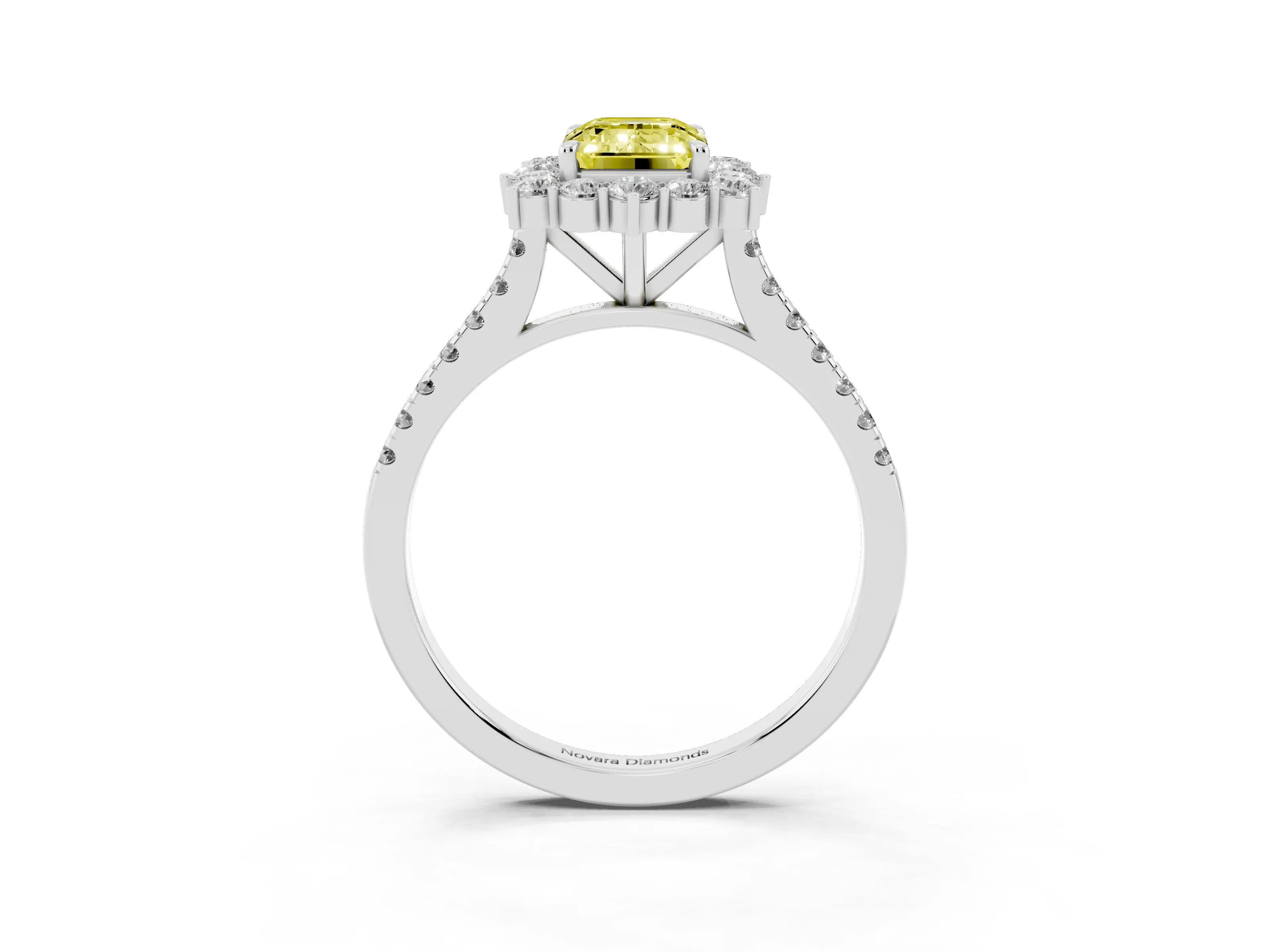 Fancy Yellow Emerald Cut Diamond Halo Ring Set in Platinum with Pavé Band and Prong Setting