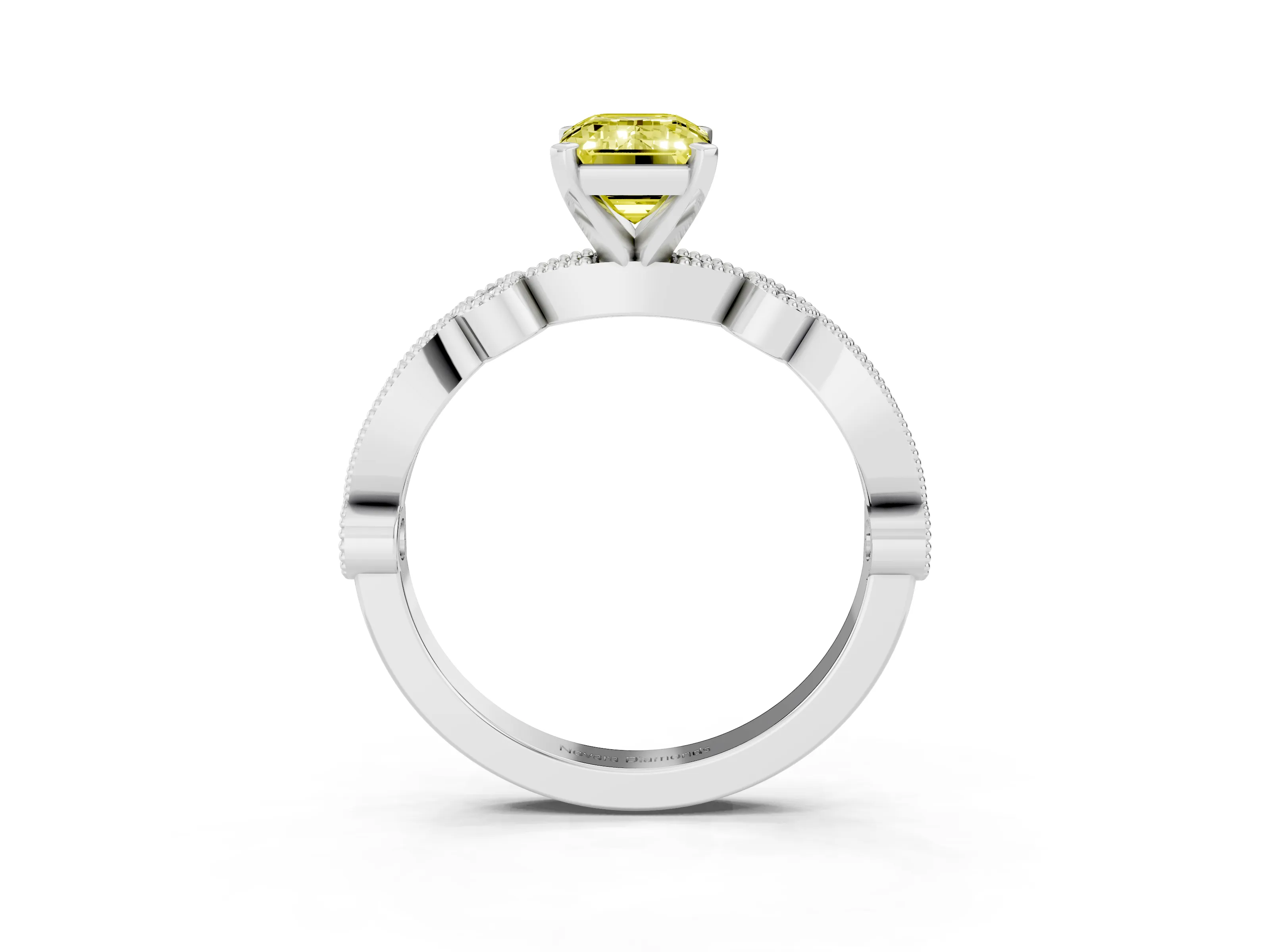 Fancy Yellow Emerald Cut Diamond Solitaire Engagement Ring Set in White gold with Milgrain Bezel Accent Band