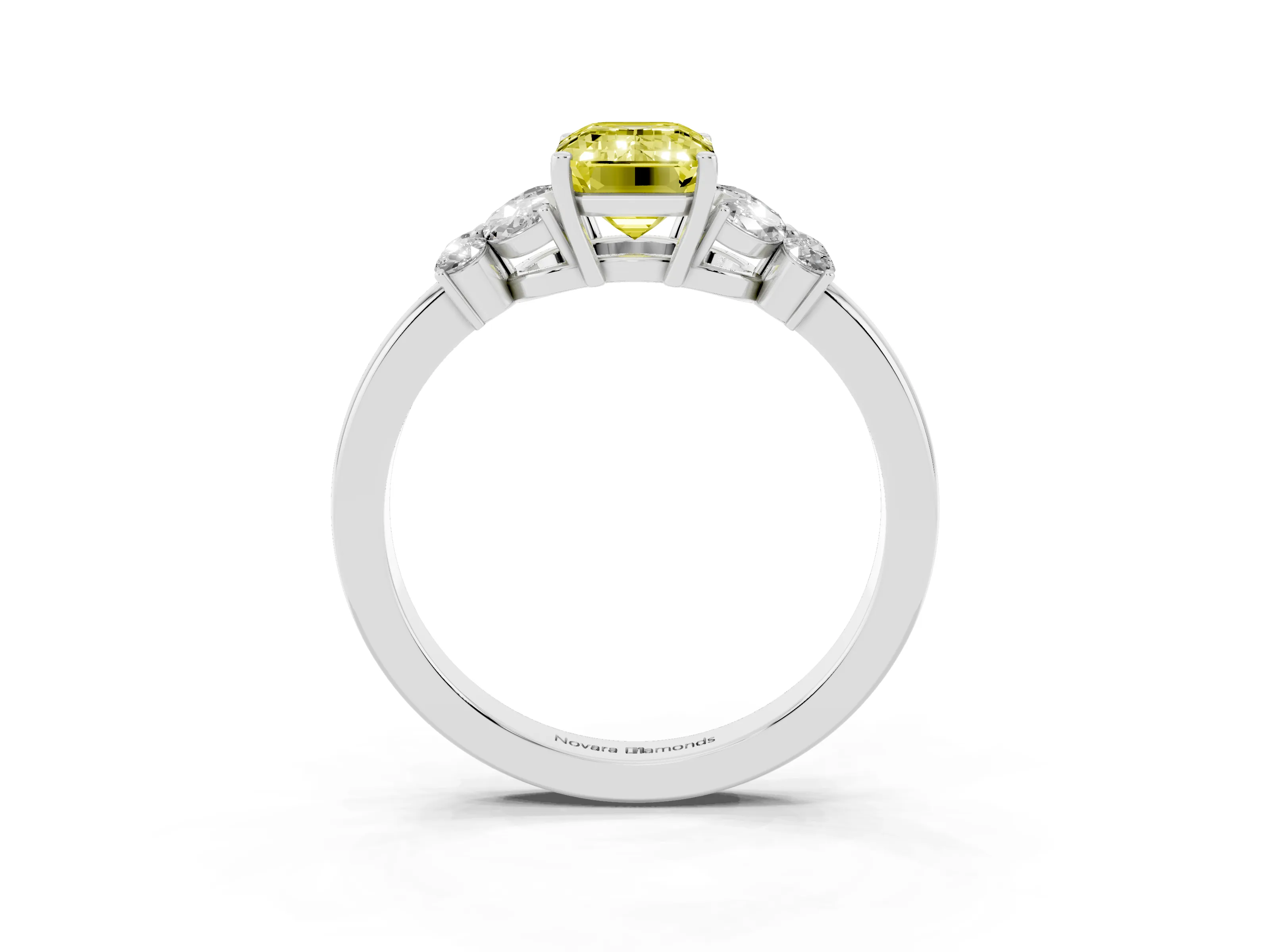 Fancy Yellow Emerald Cut Diamond Solitaire Floral Ring Set in Silver with Marquise Petals and Prong Setting