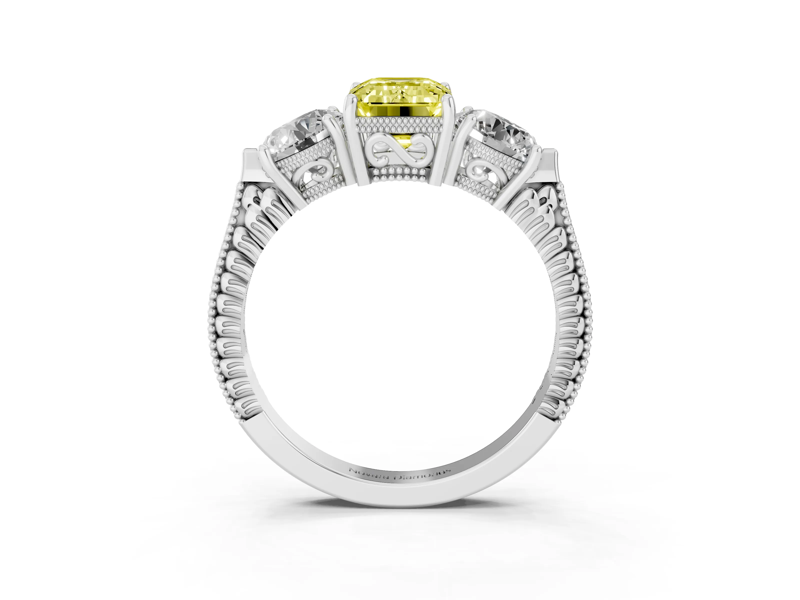 Fancy Yellow Emerald Cut Diamond Three-Stone Ring Set in Platinum with Milgrain Band