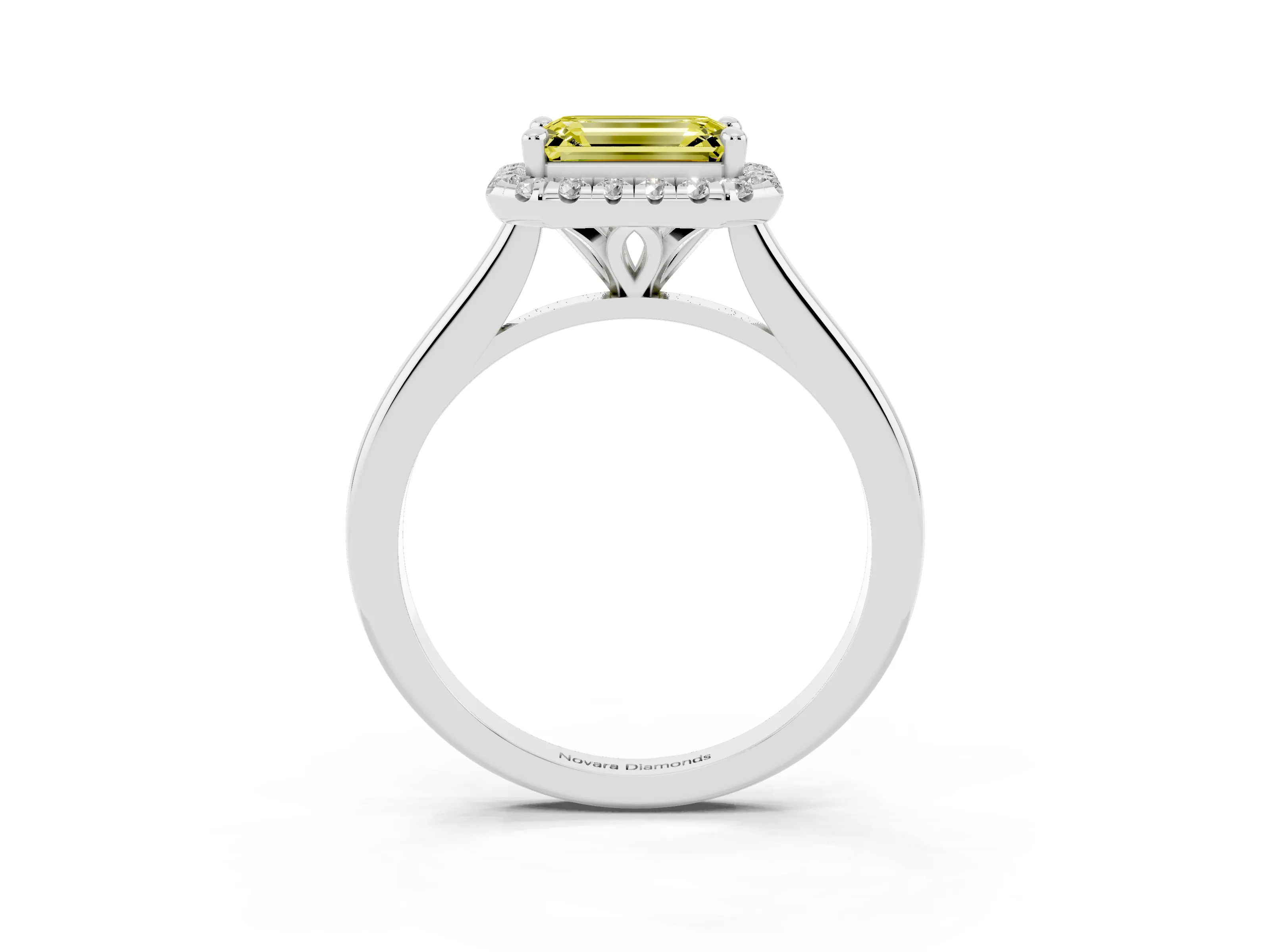 Fancy Yellow Emerald Cut Diamond Halo Engagement Ring Set in White gold with Pavé Band and Rising Shoulders