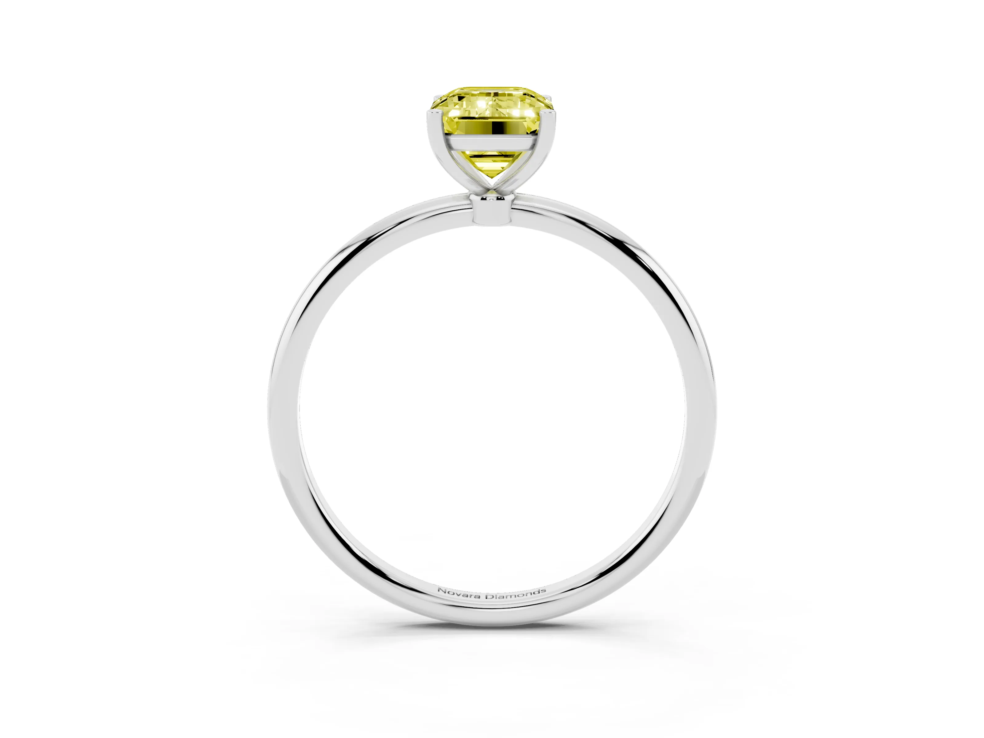 Fancy Yellow Emerald Cut Diamond Solitaire Engagement Ring Set in Platinum with Thin Band and Prong Setting