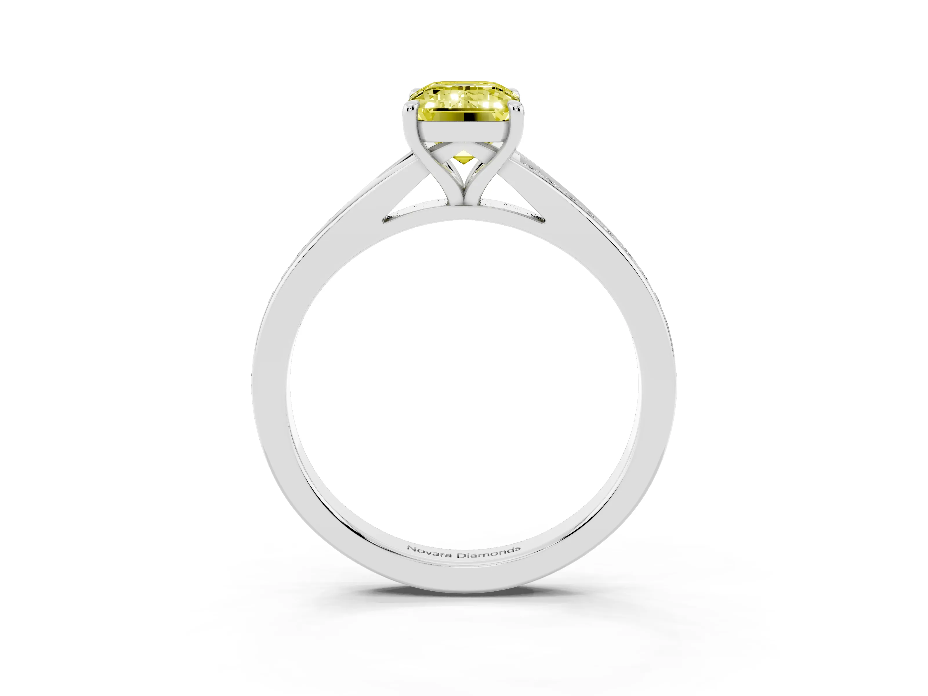 Fancy Yellow Emerald Cut Diamond Solitaire Ring Set in Silver with Pavé Accent Band and Classic Prong Setting