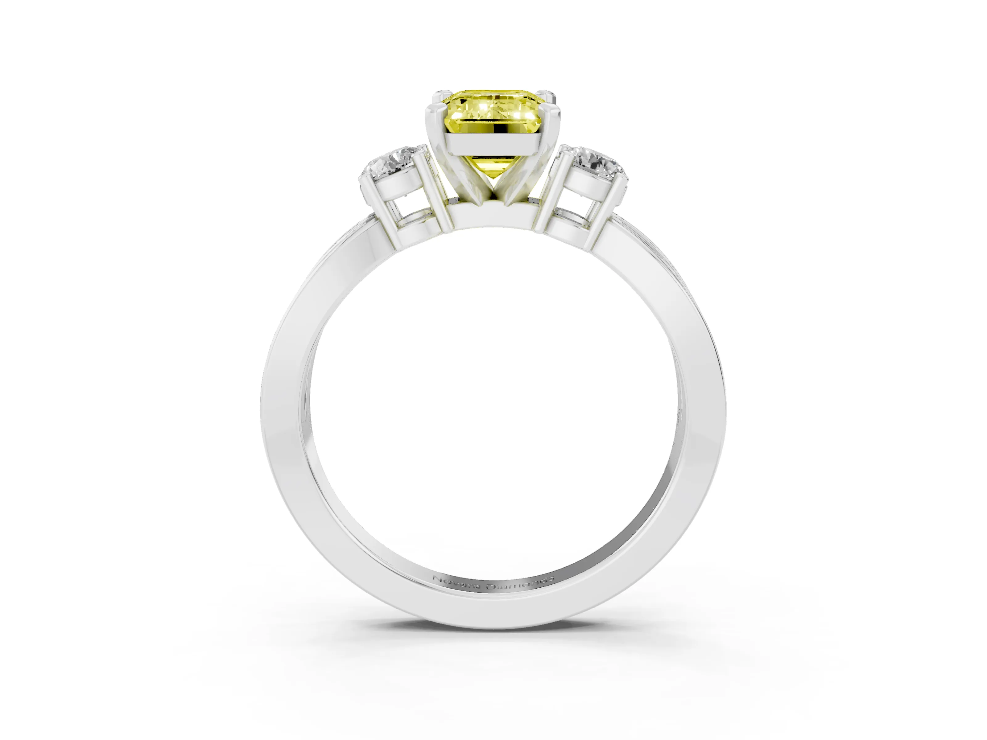 Fancy Yellow Three-Stone Emerald Cut Diamond Twist Band Ring Set in Platinum with Pavé Accents and Prong Setting