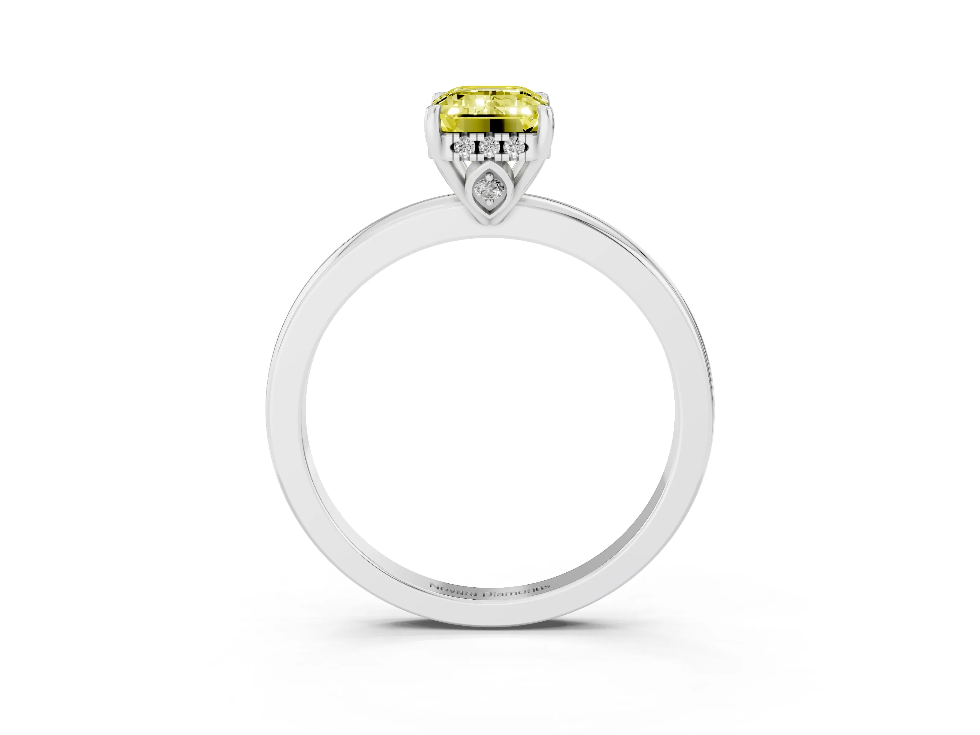 Fancy Yellow Emerald Cut Diamond Solitaire Ring Set in Silver with Plain Band and Prong Setting