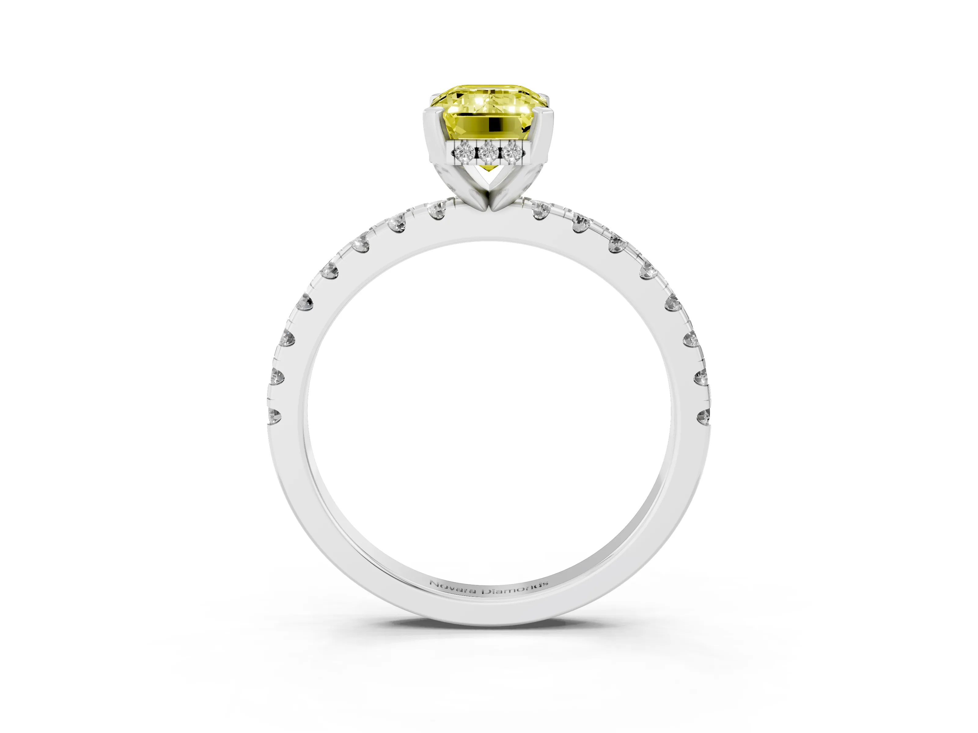 Fancy Yellow Emerald Cut Diamond Pavé Solitaire Ring Set in Platinum with Round Band Accents and Prong Setting