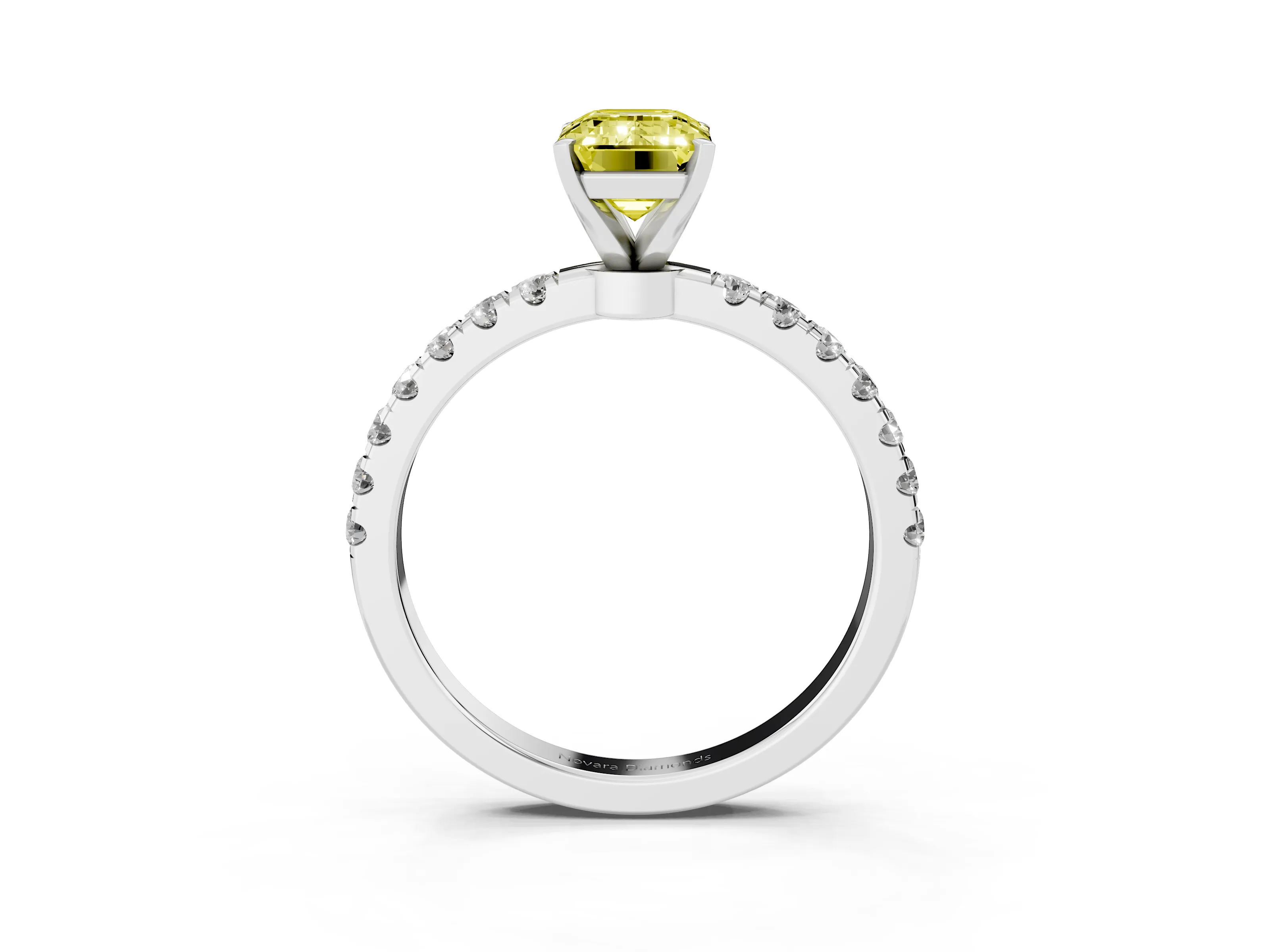 Fancy Yellow Emerald Cut Diamond Solitaire Ring Set in Silver with Pavé Accents and Prong Setting