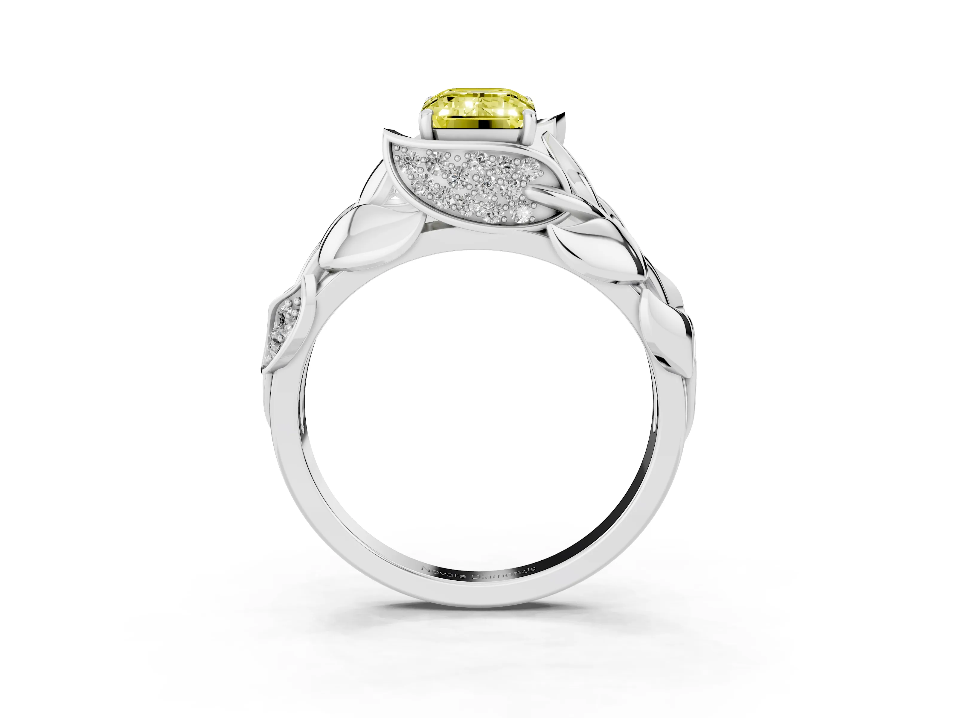 Fancy Yellow Emerald Cut Diamond Leaf-Inspired Engagement Ring Set in Silver with Round Accents