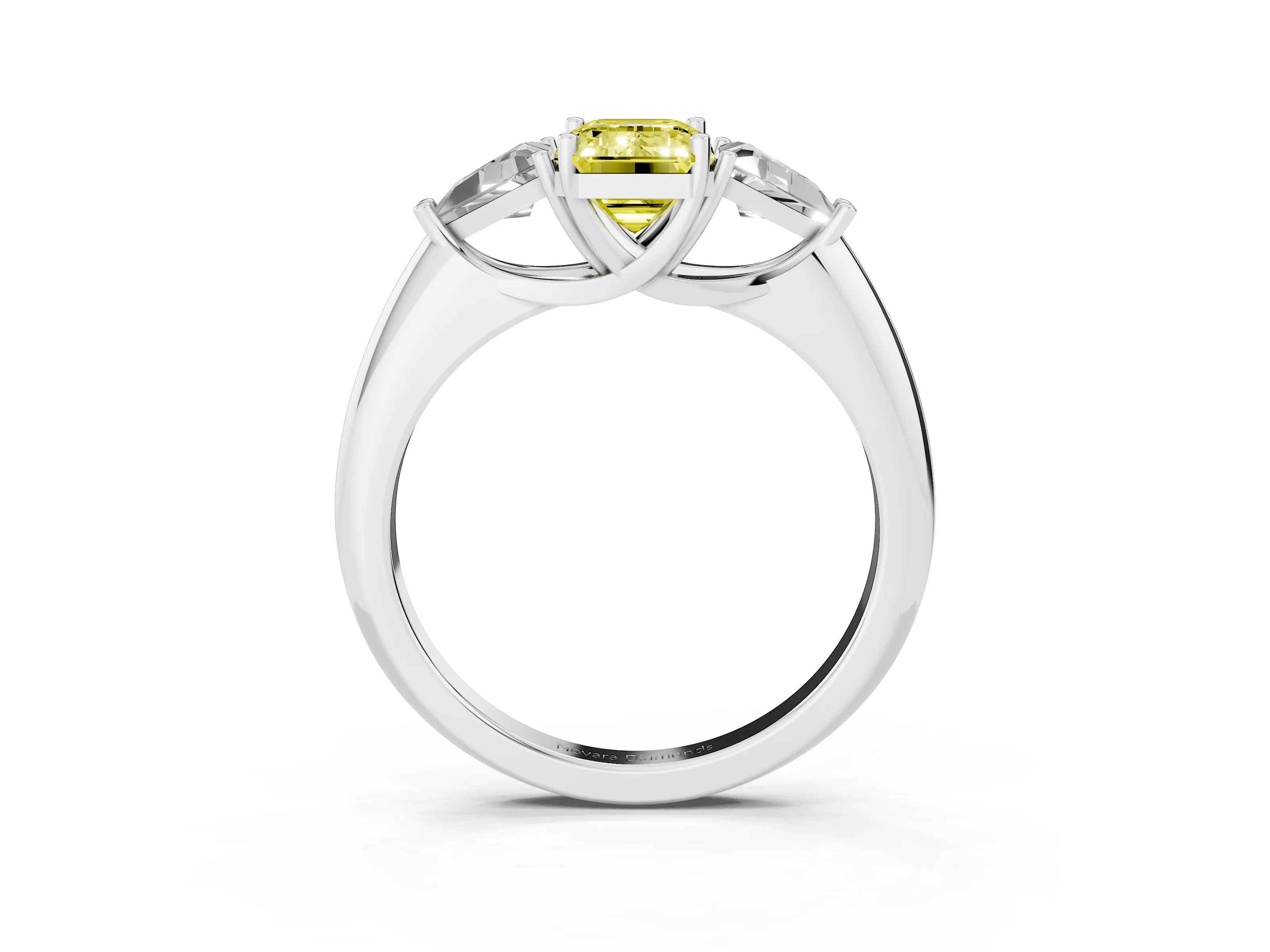 Fancy Yellow Emerald Cut Diamond Three-Stone Engagement Ring Set in Platinum with Trillion Side Stones