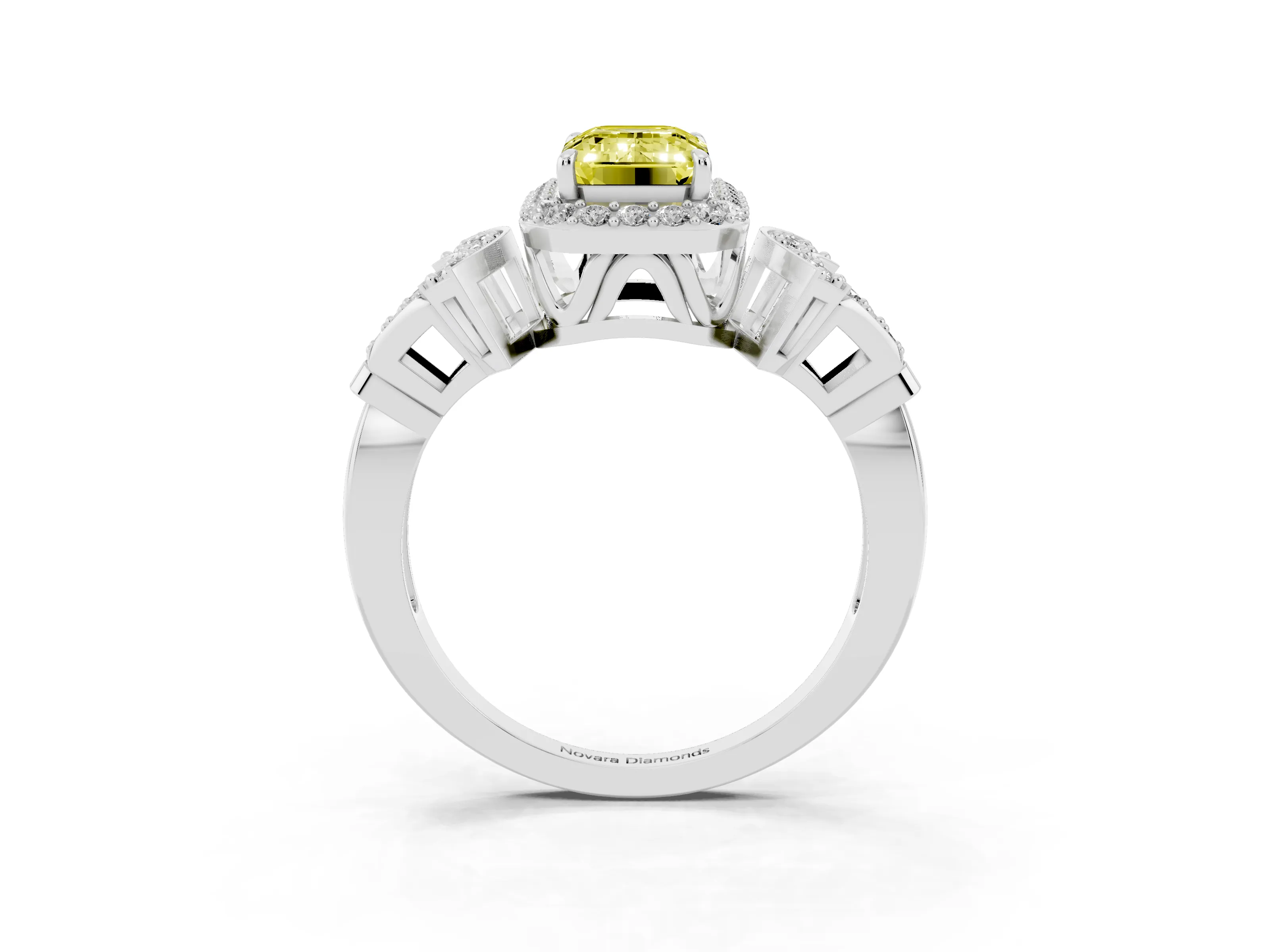 Fancy Yellow Emerald Cut Diamond Halo Engagement Ring Set in White gold with Accent Stone Split Shank