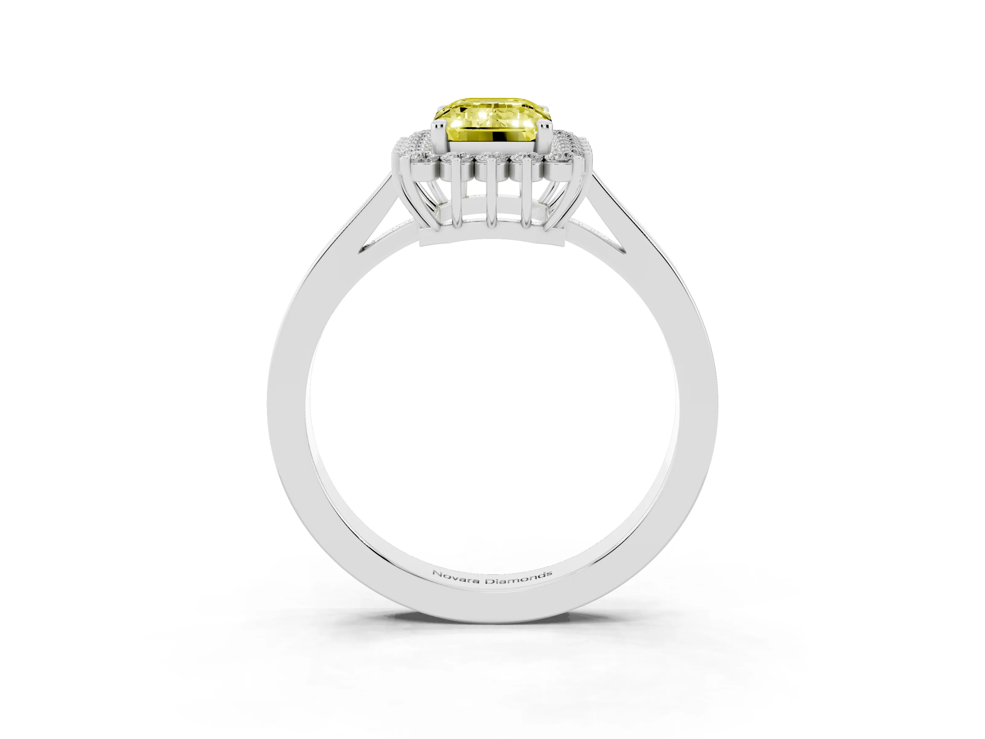 Fancy Yellow Emerald Cut Diamond Halo Ring Set in White gold with Round Halo and Smooth Solitaire Band