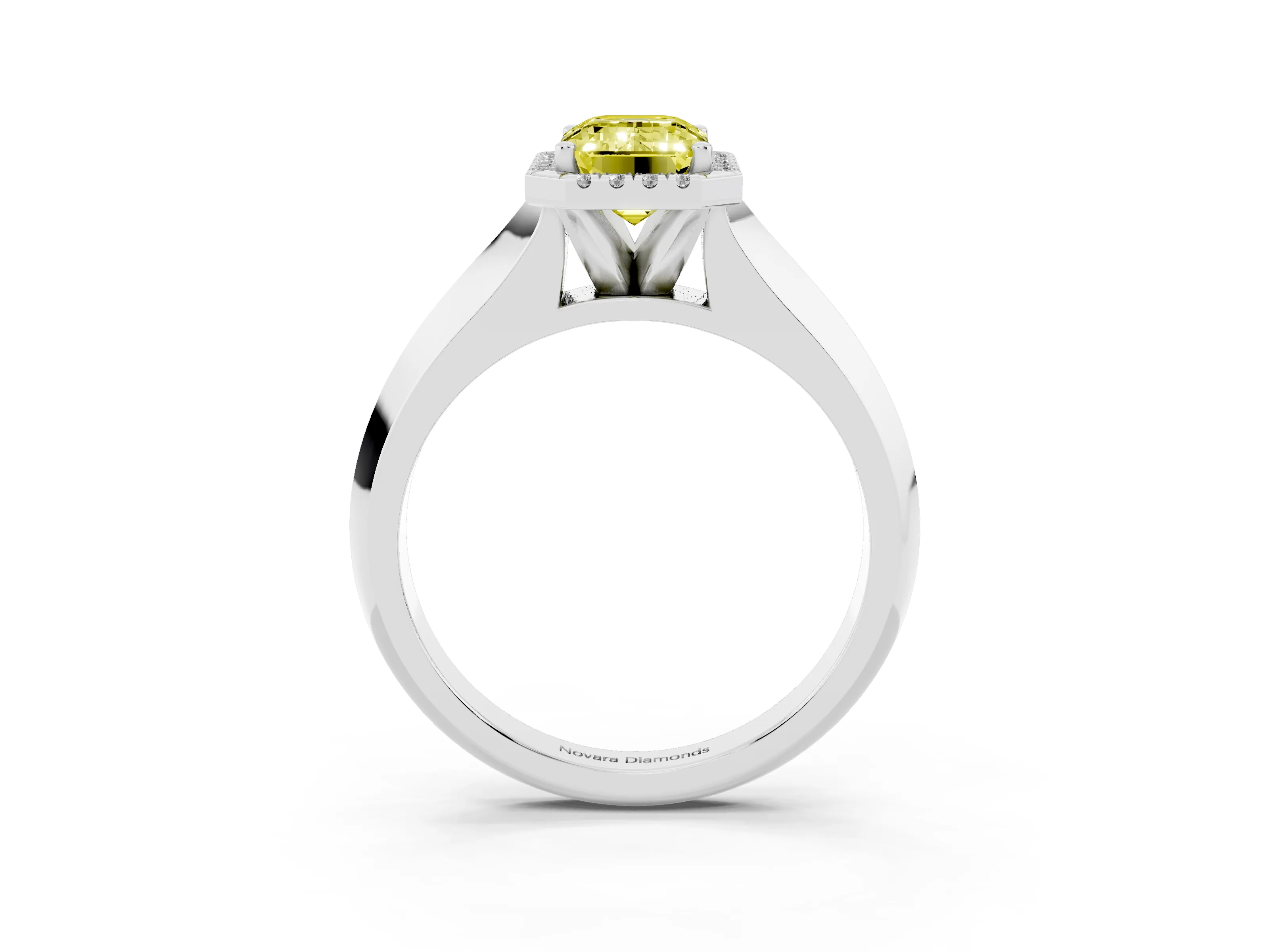Fancy Yellow Emerald Cut Diamond Halo Ring Set in White gold with Cathedral Band and Prong Setting