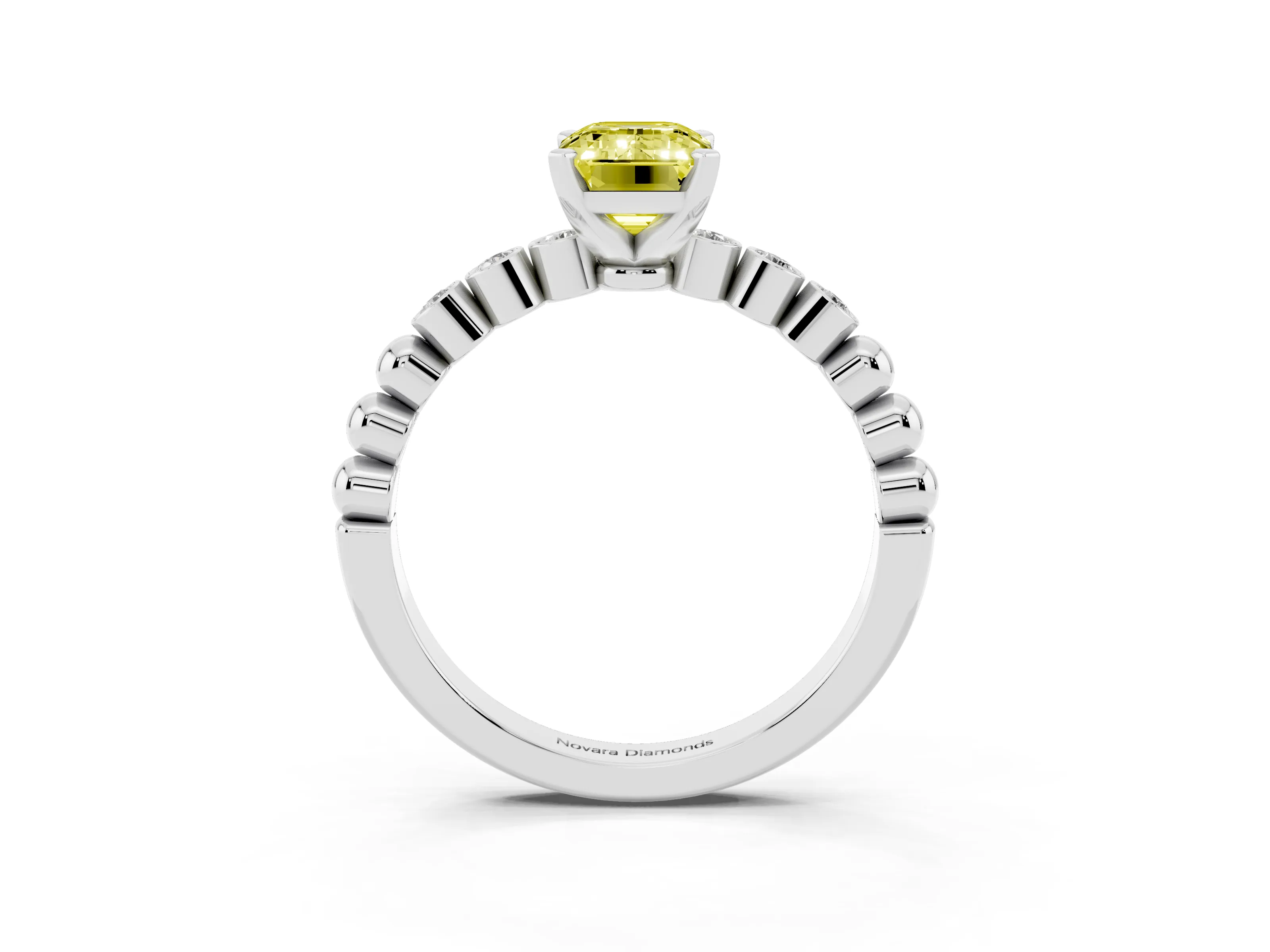 Fancy Yellow Emerald Cut Diamond Solitaire Engagement Ring Set in Silver with Bezel Accents on Beaded Band