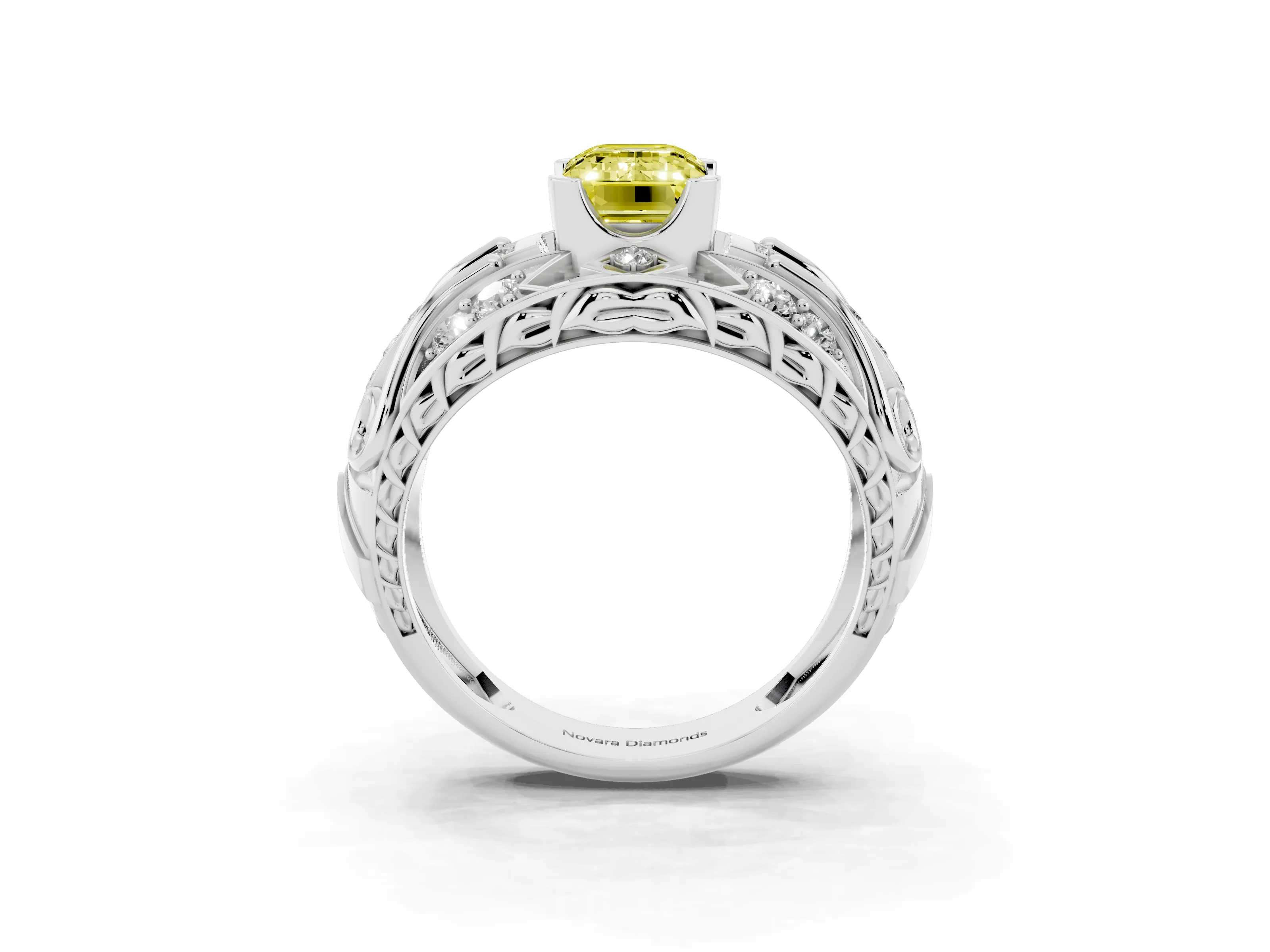 Fancy Yellow Emerald Cut Diamond Art Deco Ring Set in Platinum with Pavé Split Shank