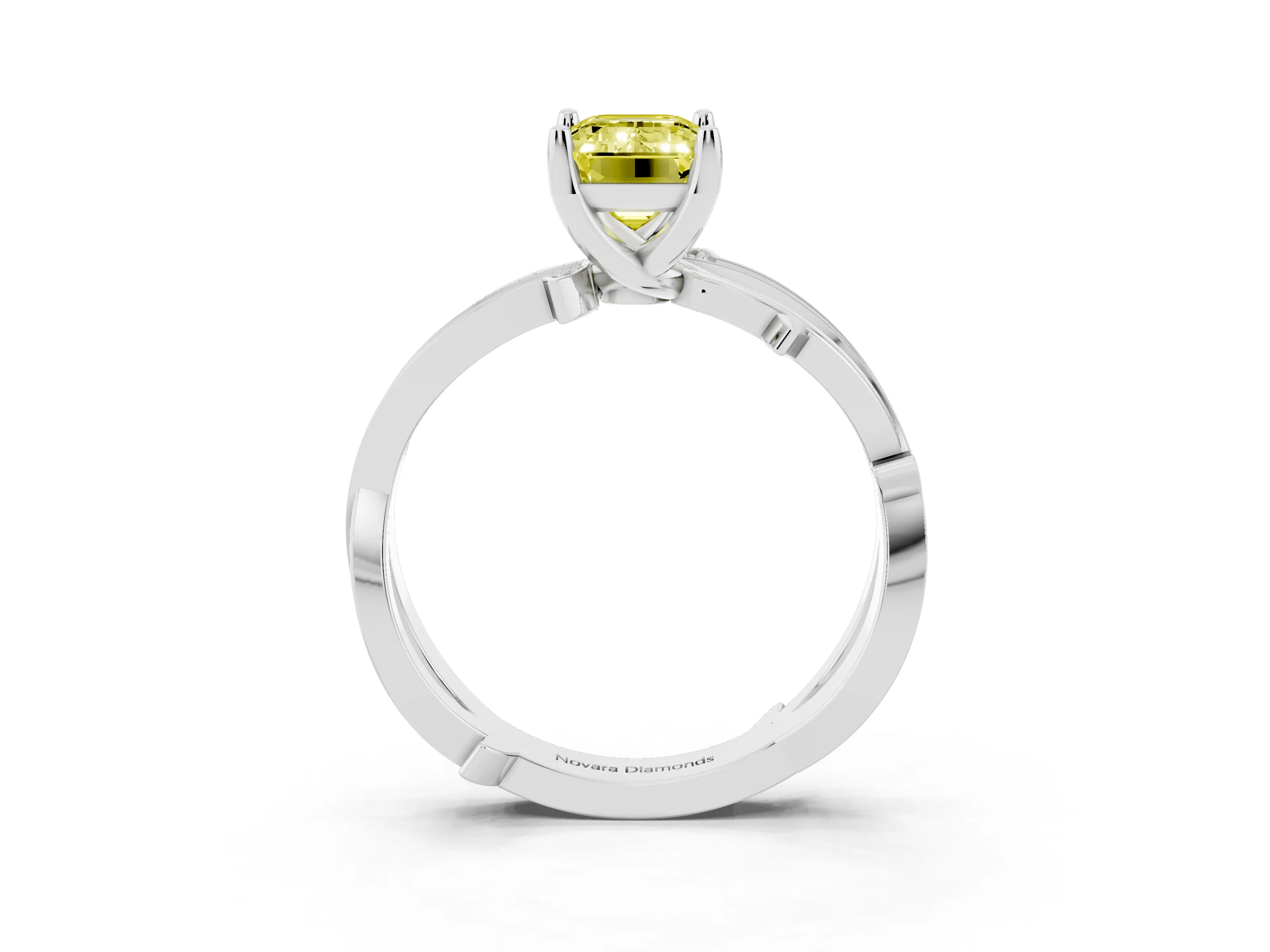 Fancy Yellow Emerald Cut Diamond Pavé Twist Band Solitaire Ring Set in Platinum with Prong Setting