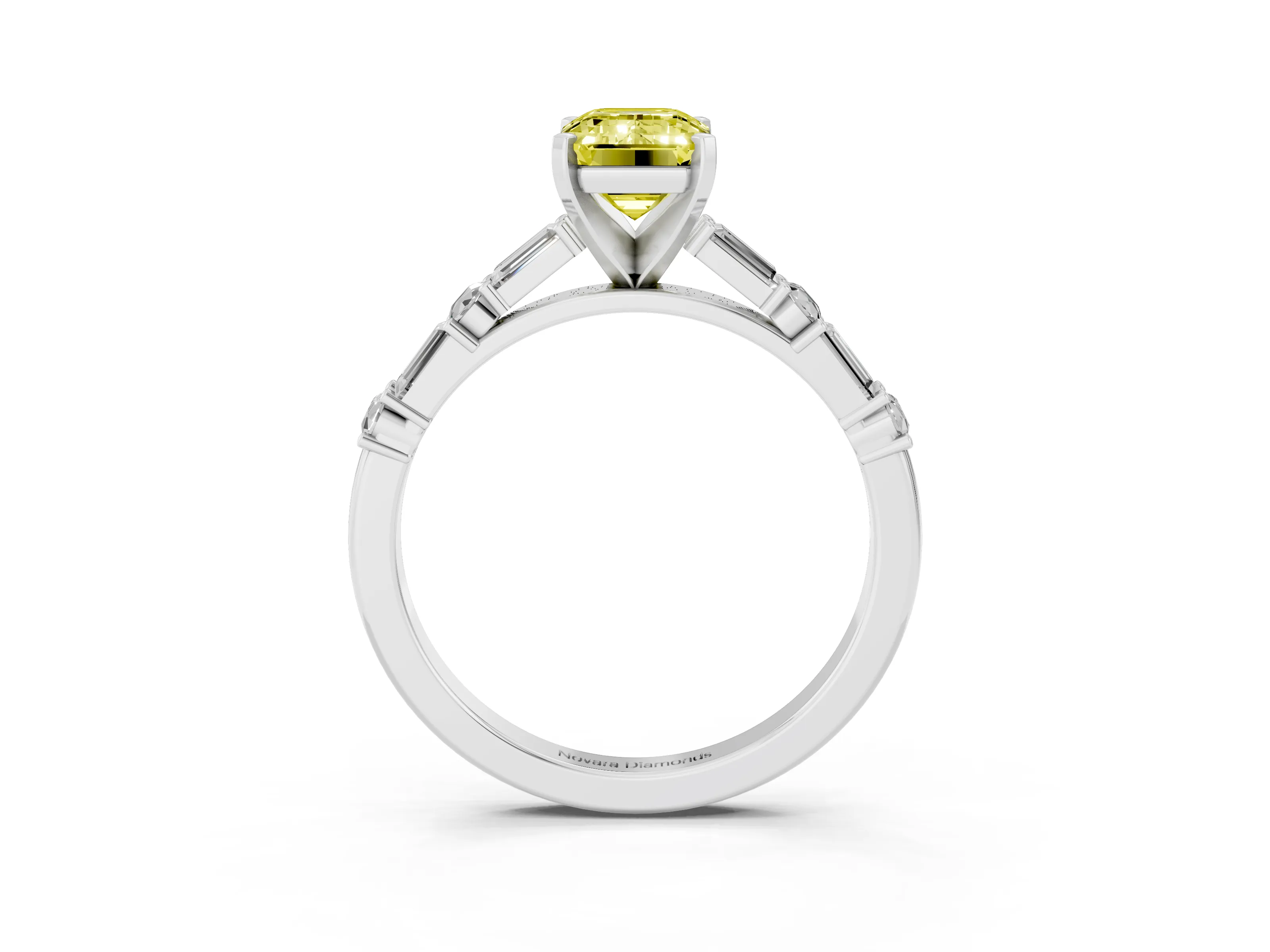 Fancy Yellow Emerald Cut Diamond Solitaire Set in Platinum with Side Baguettes and Channel Set Band