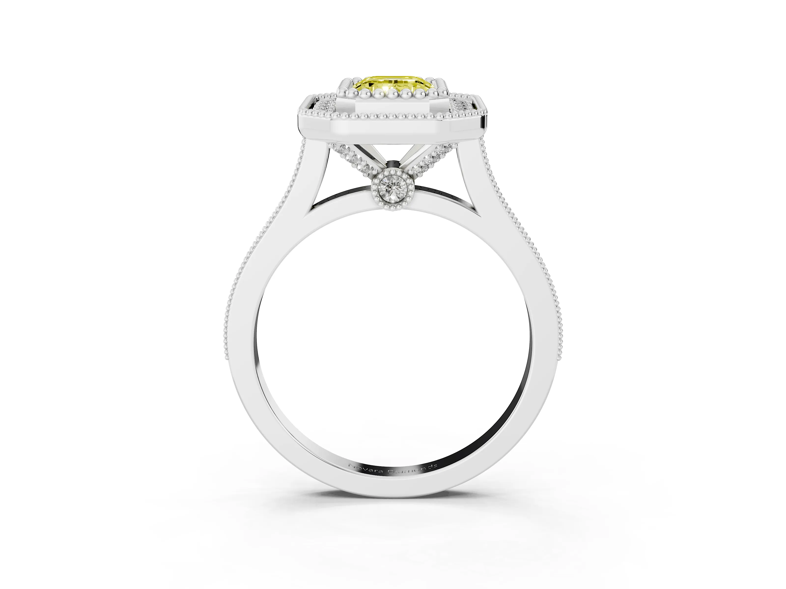 Fancy Yellow Emerald Cut Diamond Halo Ring Set in White gold with Milgrain Frame and Pavé Band