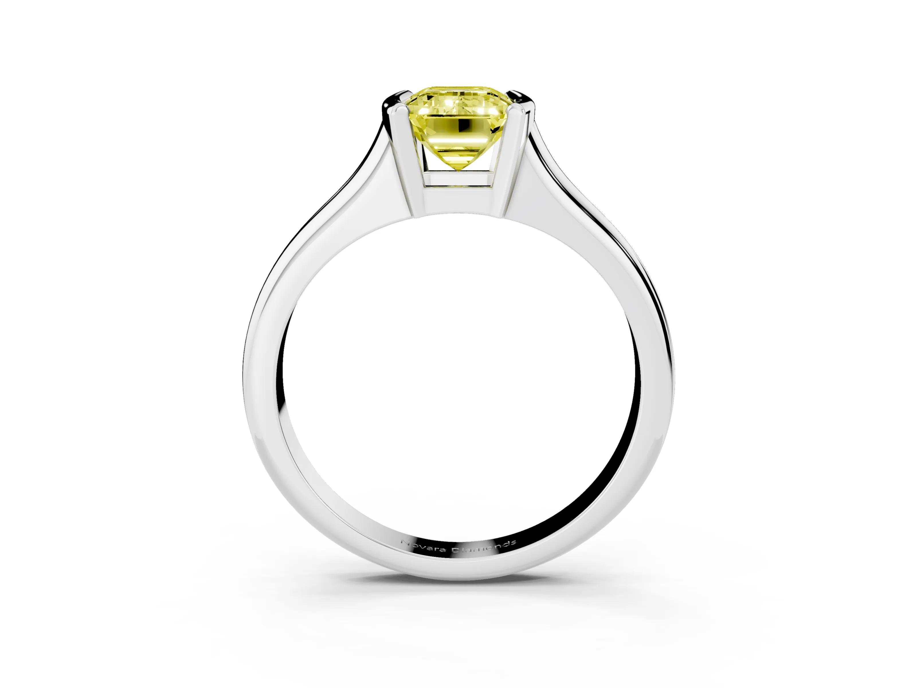 Fancy Yellow Emerald Cut Diamond Solitaire Tension Set Ring Set in White gold with Split Shank Band