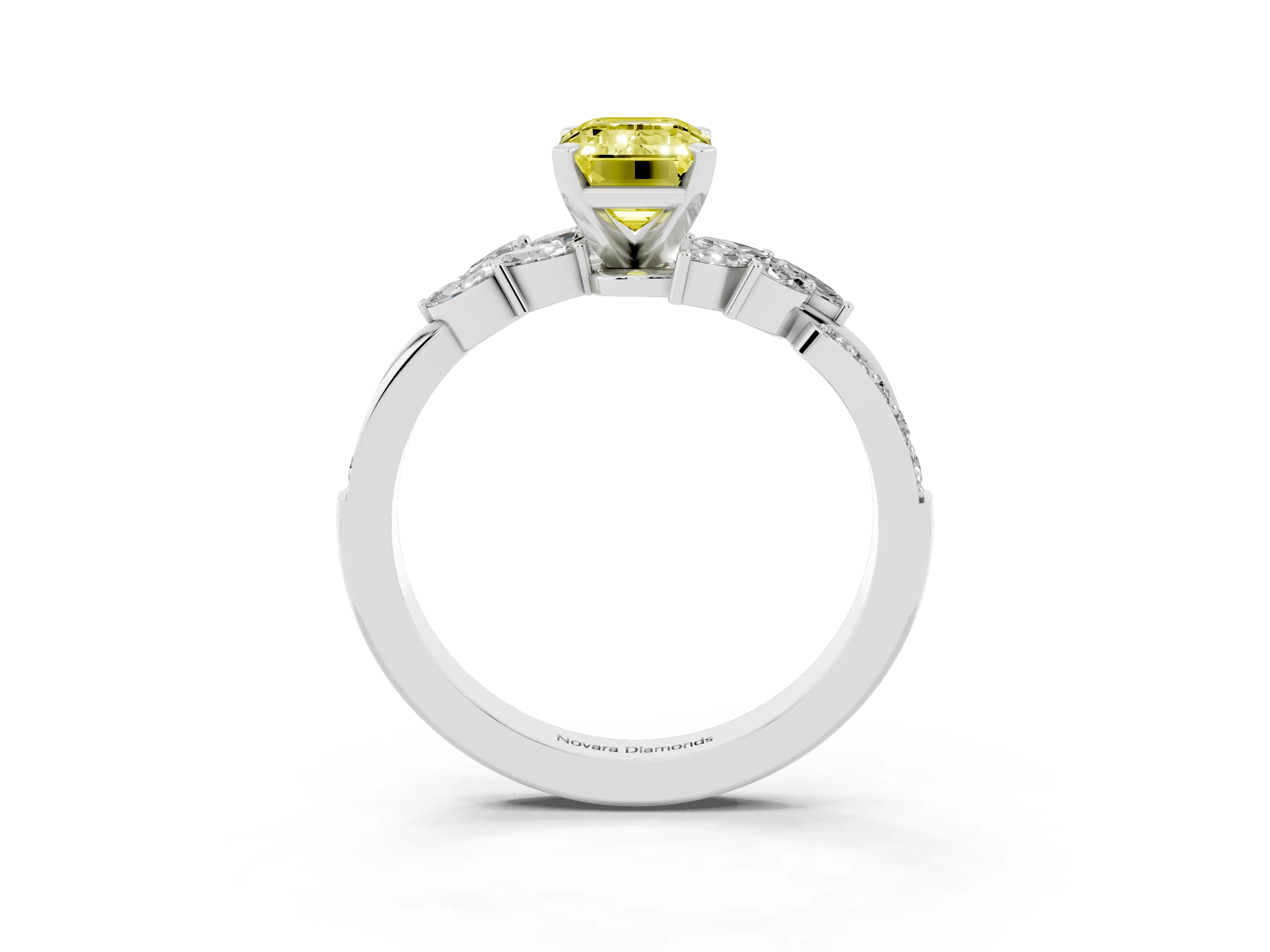 Fancy Yellow Emerald Cut Diamond Solitaire Ring Set in Platinum with Marquise Twist Band and Prong Setting