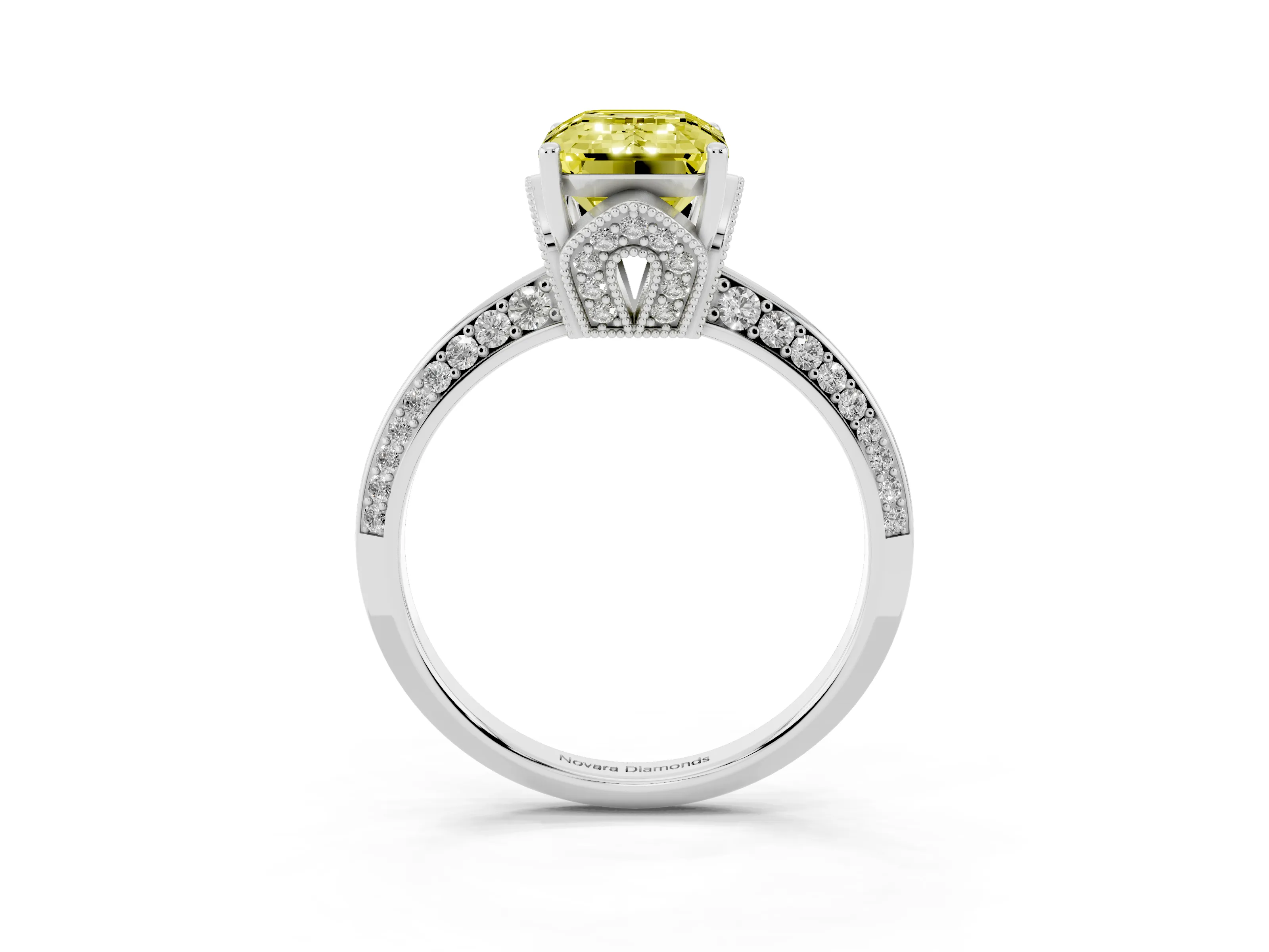 Fancy Yellow Emerald Cut Diamond Solitaire Engagement Ring Set in Platinum with Pavé Split Shank and Prong Setting