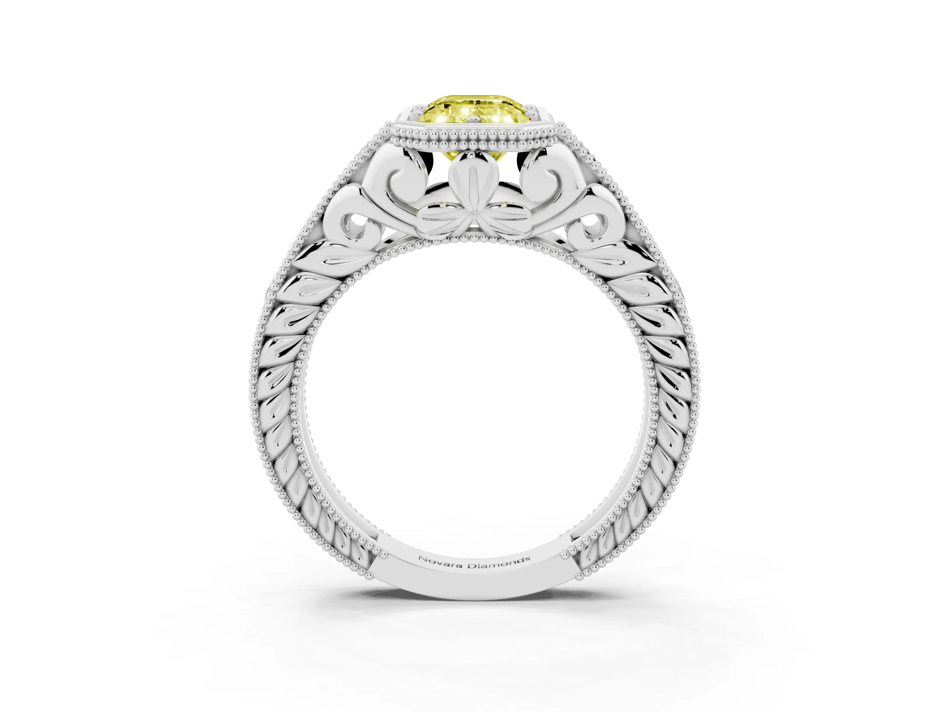 Fancy Yellow Bezel Set Emerald Cut Diamond Milgrain Pavé Engagement Ring Set in Silver