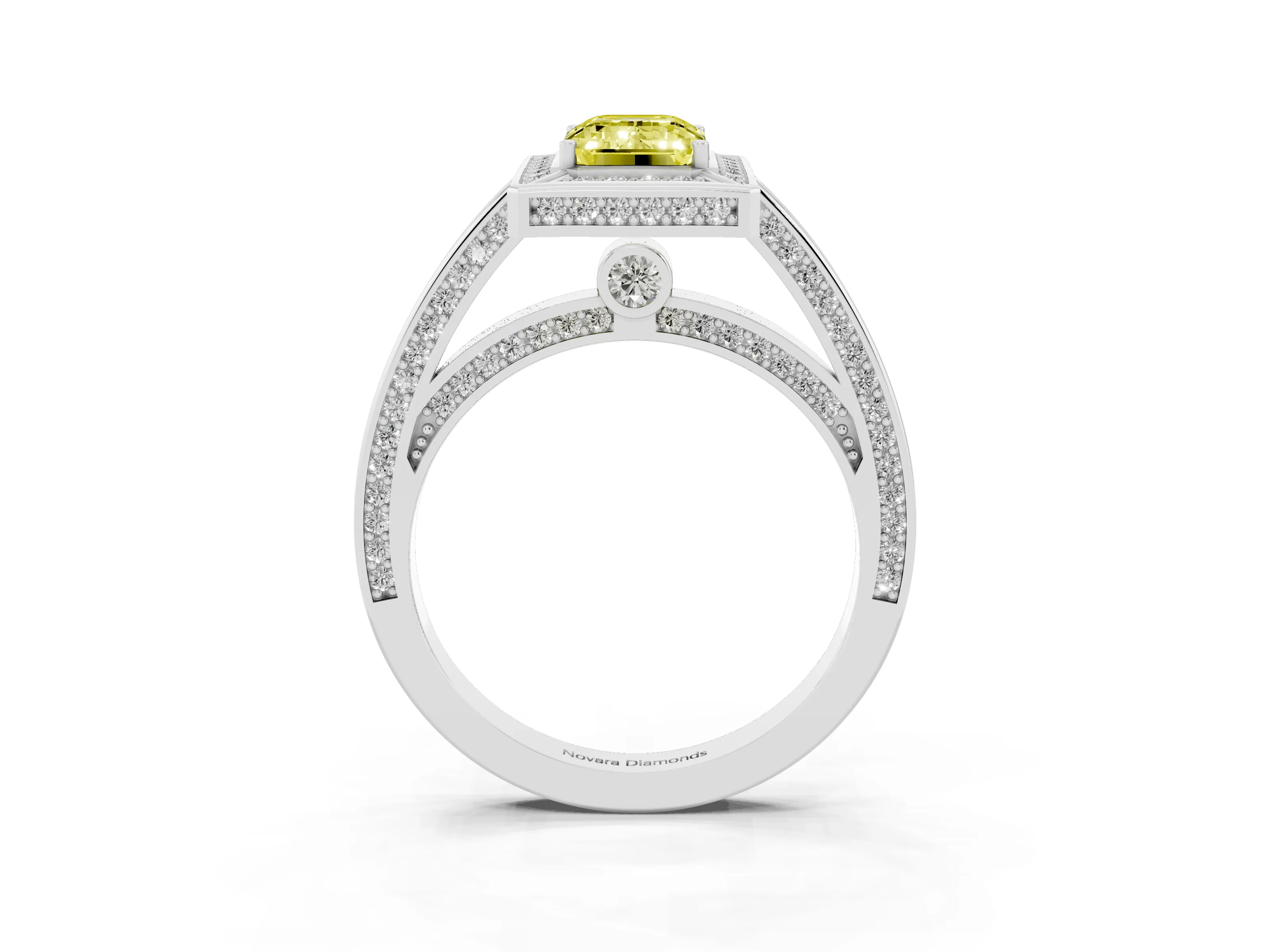 Fancy Yellow Emerald Cut Diamond Halo Pavé Split Shank Ring Set in Silver with Prong Setting