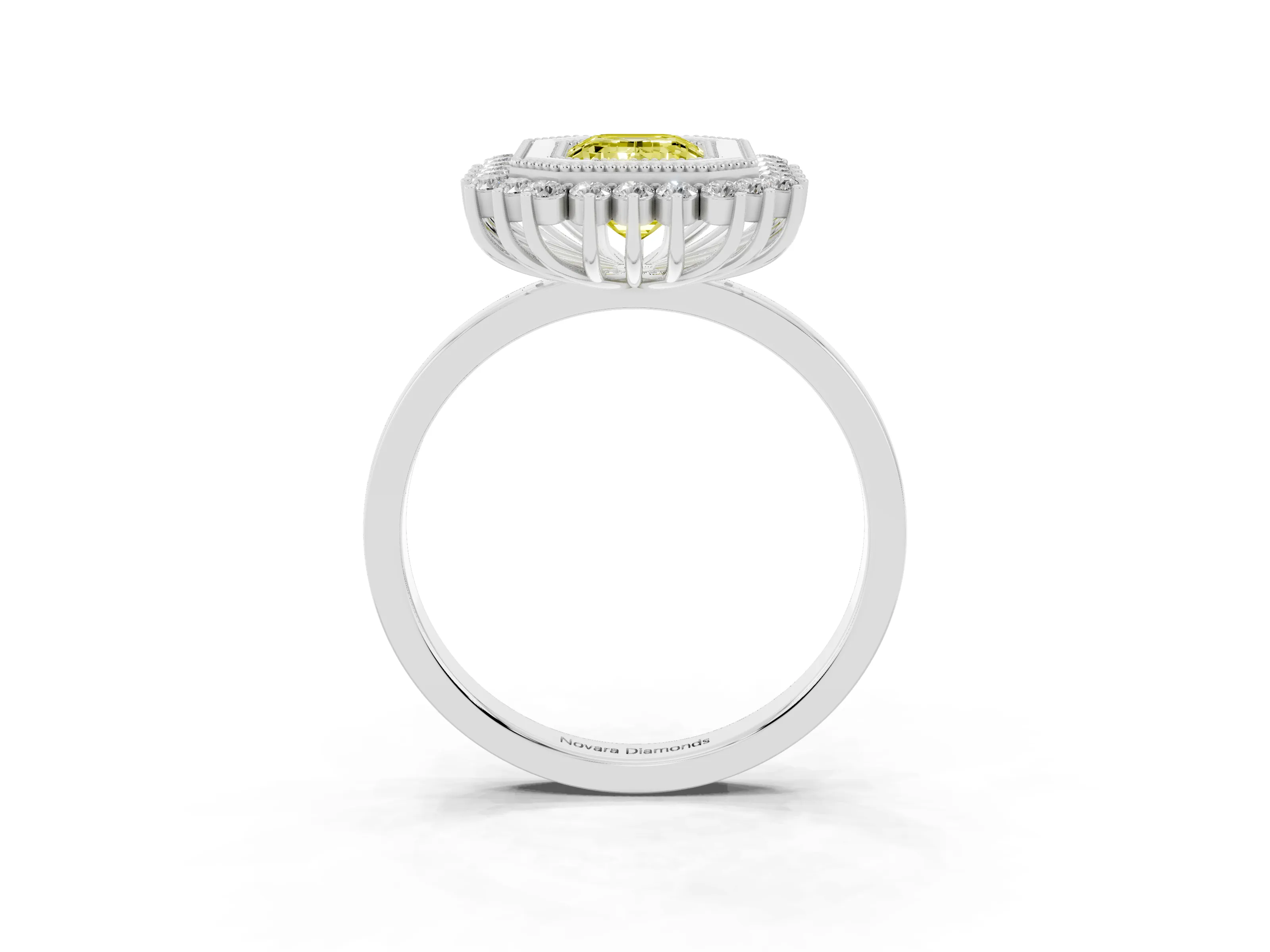 Fancy Yellow Emerald Cut Diamond Halo Ring Set in Platinum with Milgrain Edge and Round Prong Setting
