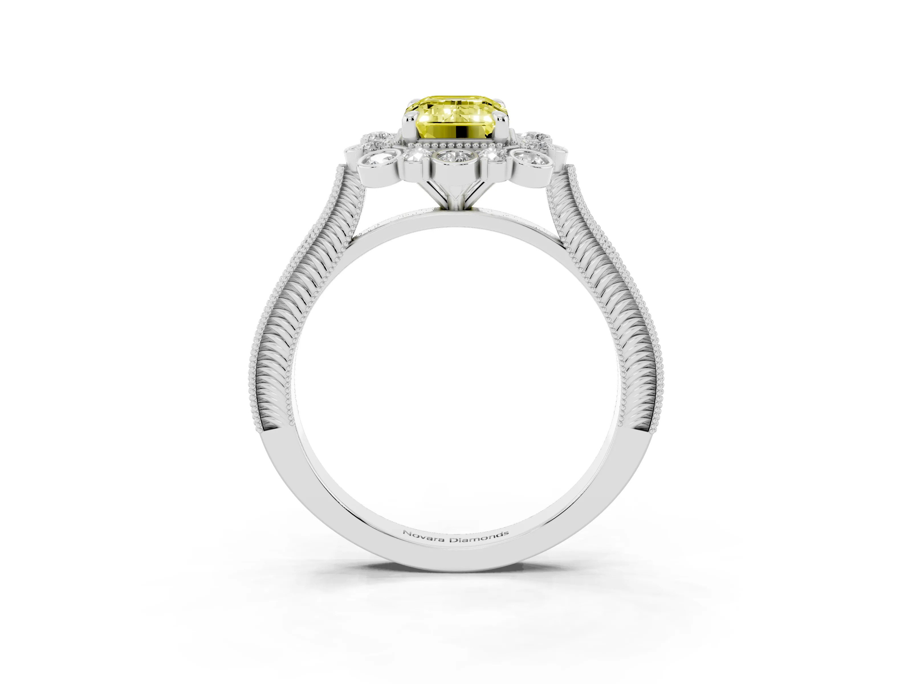 Fancy Yellow Emerald Cut Diamond Halo Milgrain Pavé Ring Set in White gold with Prong Setting