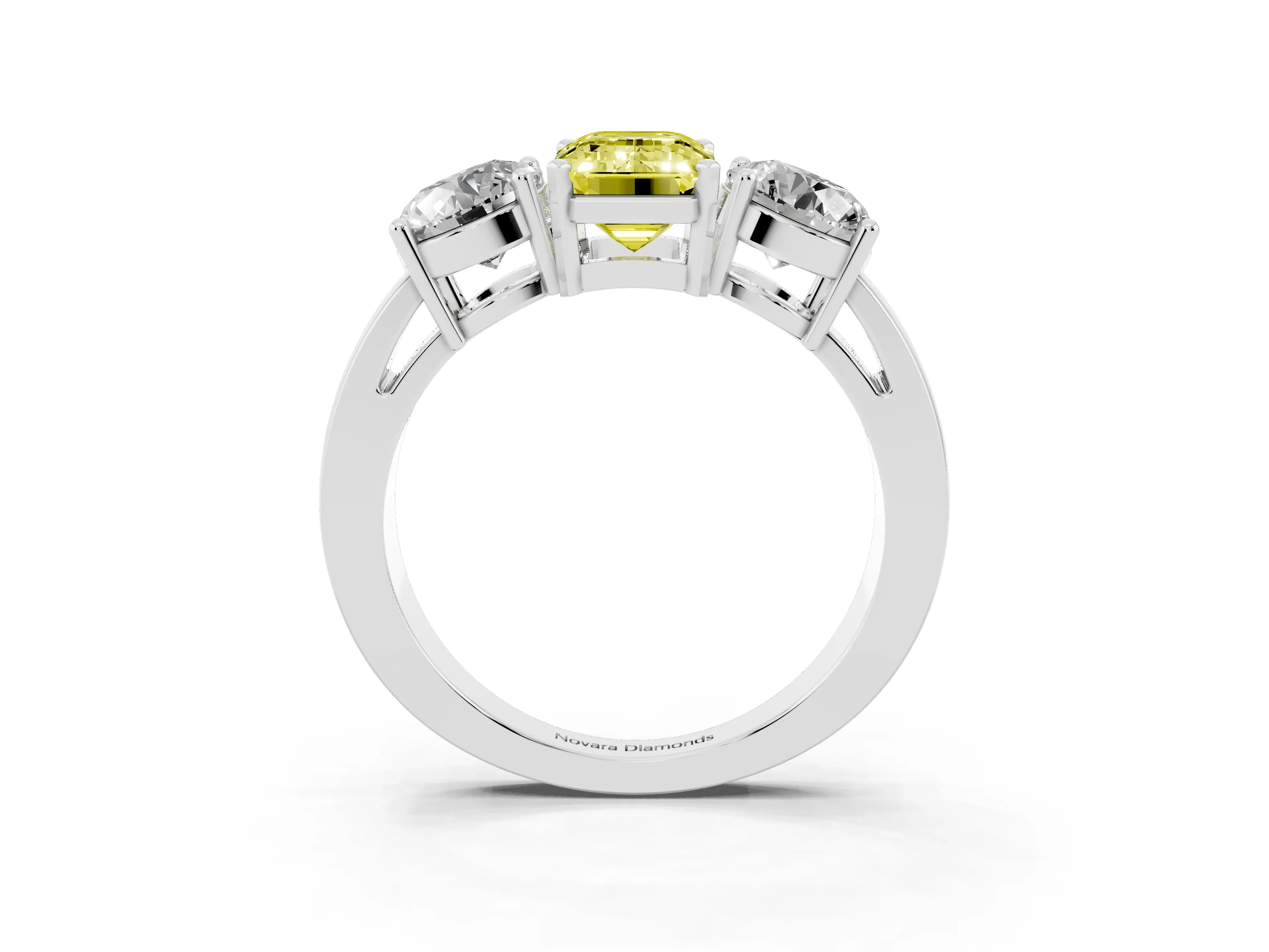 Fancy Yellow Emerald Cut Diamond Three-Stone Ring Set in White gold with Round Side Stones and Classic Band